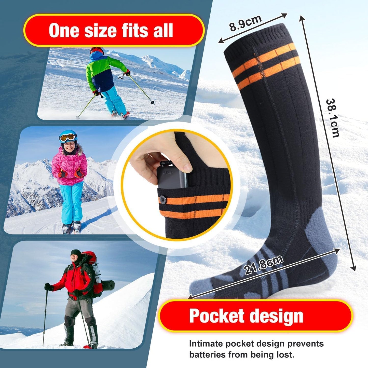 Heated socks, 5000mAh rechargeable heated socks with 4 temperatures, washable electric foot warmers for skiing/cycling/fishing/camping, unisex heated socks 36-46.