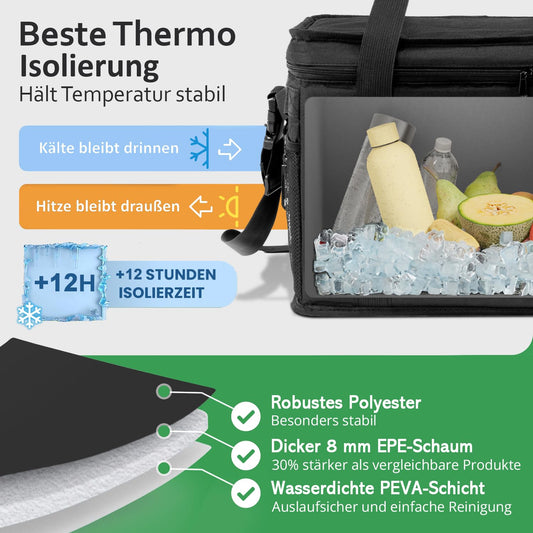 Cottara® Cooler Bag 30 l foldable waterproof +12h cooling – 8mm extra strong insulated Cooler Bag large for shopping picnic – Shopping bag, insulated bag, thermal bag, picnic bag