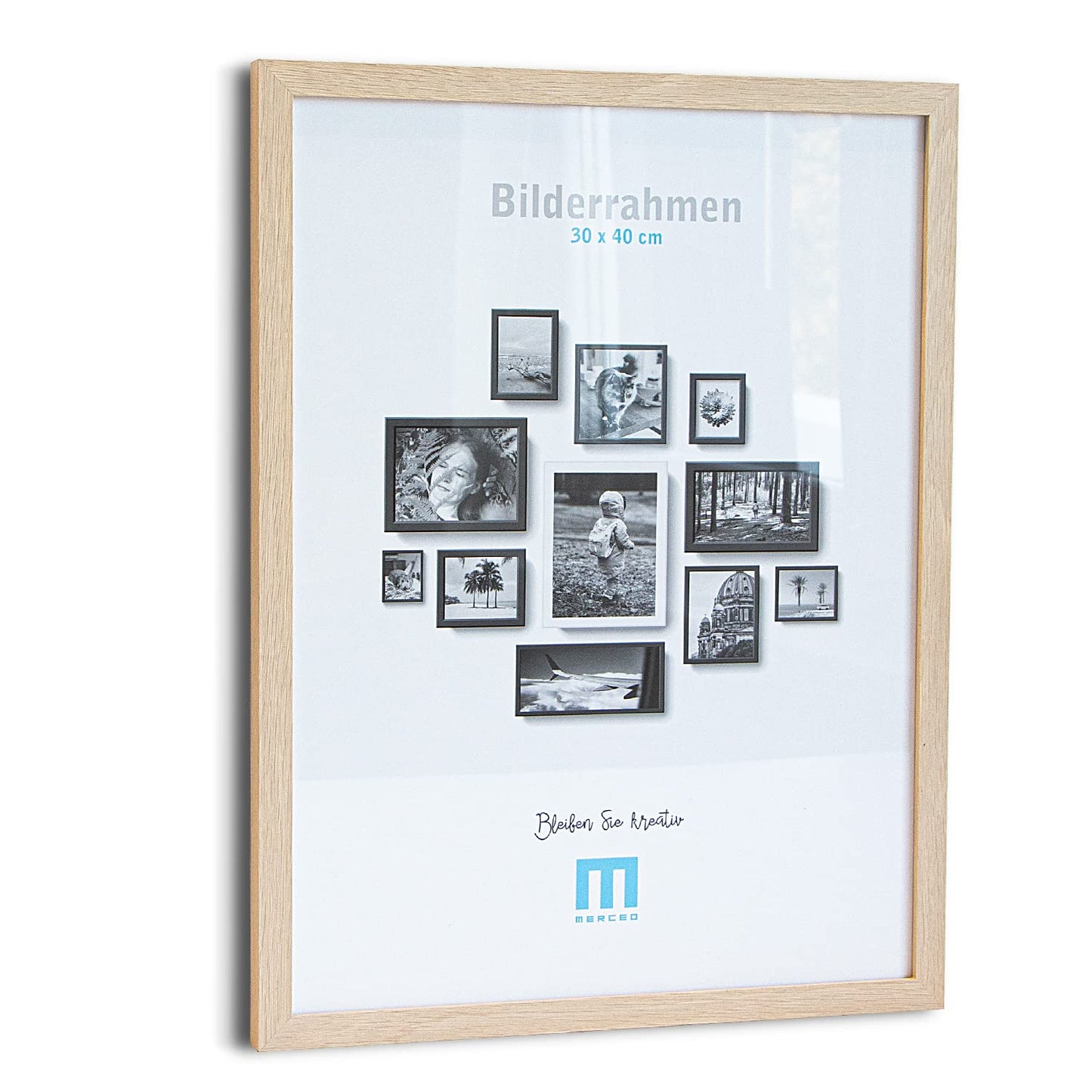 14-piece photo frame set in natural wood look in various sizes. Perfect for creating photo walls with a mix of portrait and landscape frames. Suitable for photos ranging from 10x15 to 30x40cm.