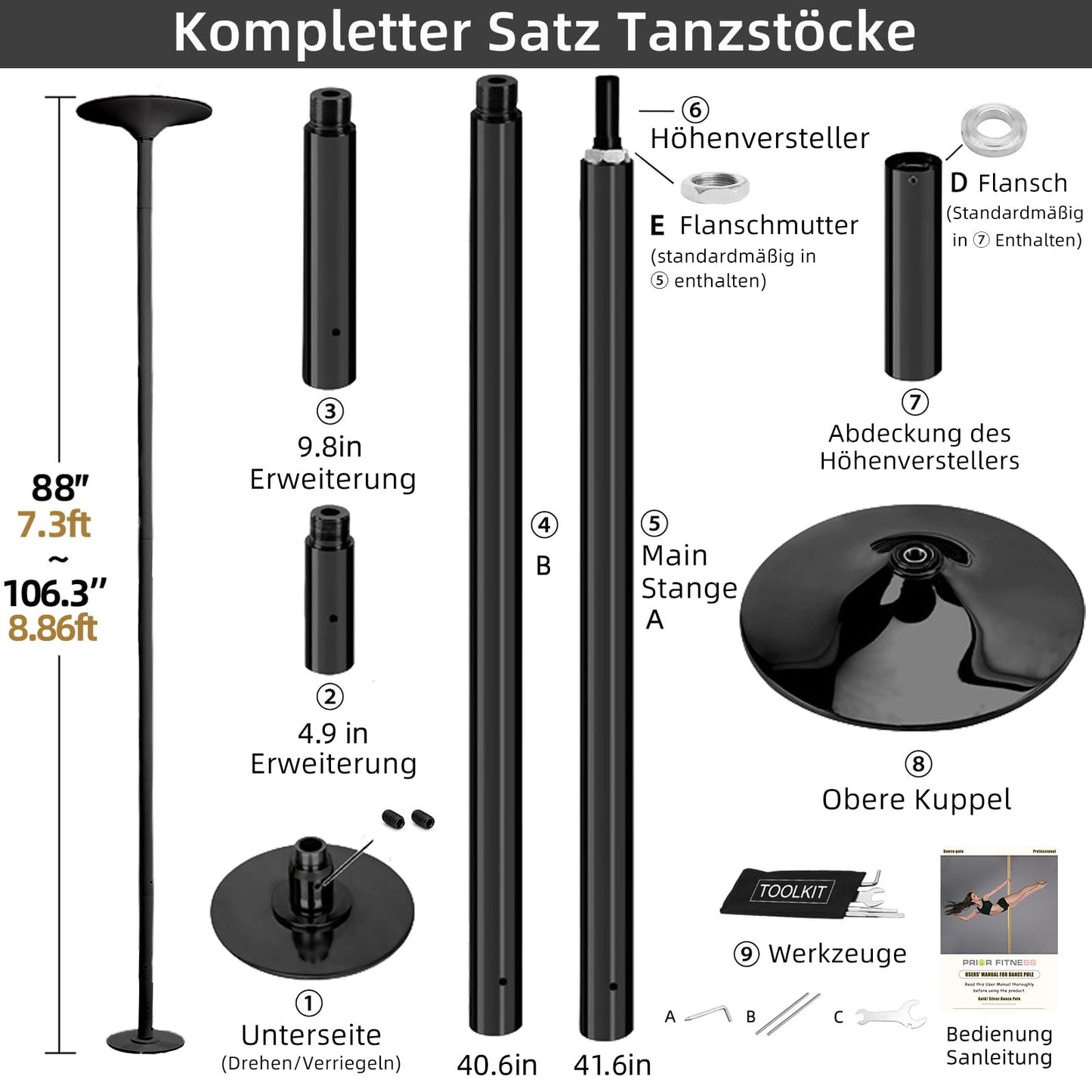 PRIOR FITNESS Dance Pole 45mm Chrome - Adjustable Height 2.23-2.7m | 2 Modes: Spinning/Static | 200 kg Weight Capacity | No Drilling for Gyms, Clubs & Parties