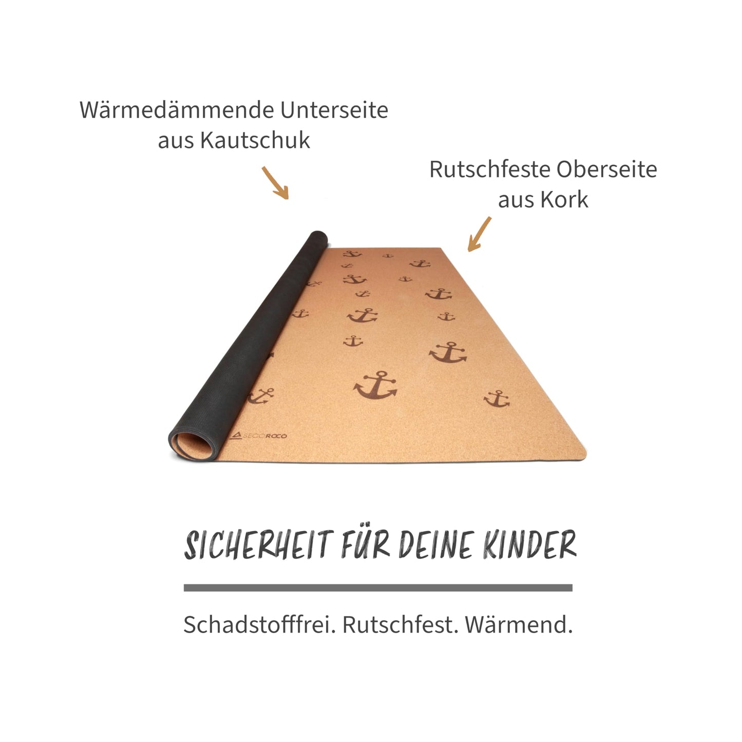 Secoroco cork play mat. Non-toxic crawling mat for babies and kids. Anchor design, 160x110 cm.