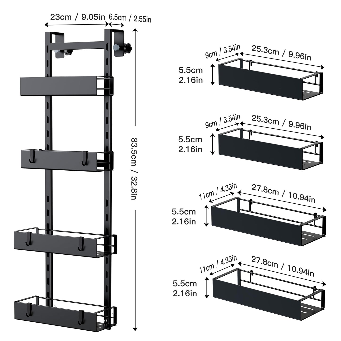 Orimade hanging shower caddy with hooks, adjustable shower shelf without drilling, 4 piece hanging shower basket for frameless glass door black.