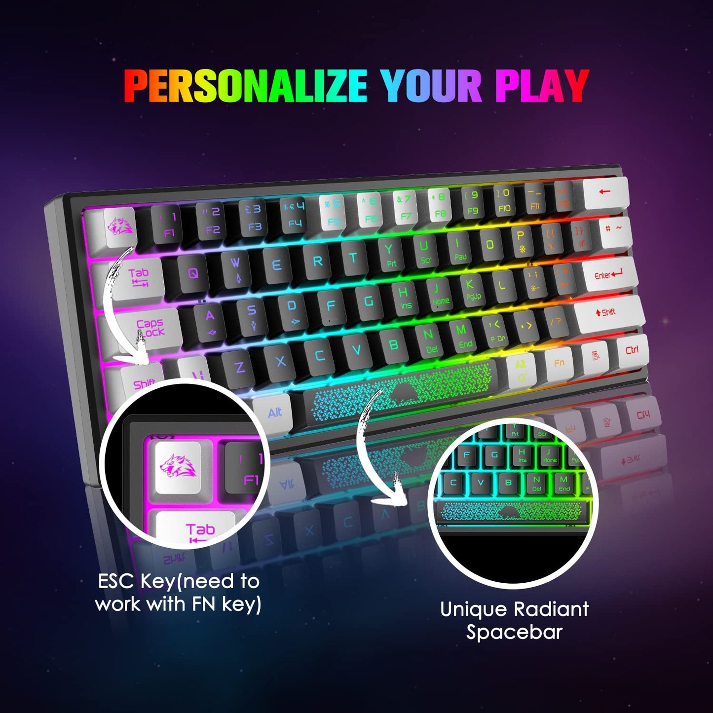 Mini 60% gaming keyboard, membrane game keyboard with semi-mechanical keys, optical RGB chroma backlit compact 62 keys double color keycap, QWERTY layout for PC laptop Mac computer - Black & White.