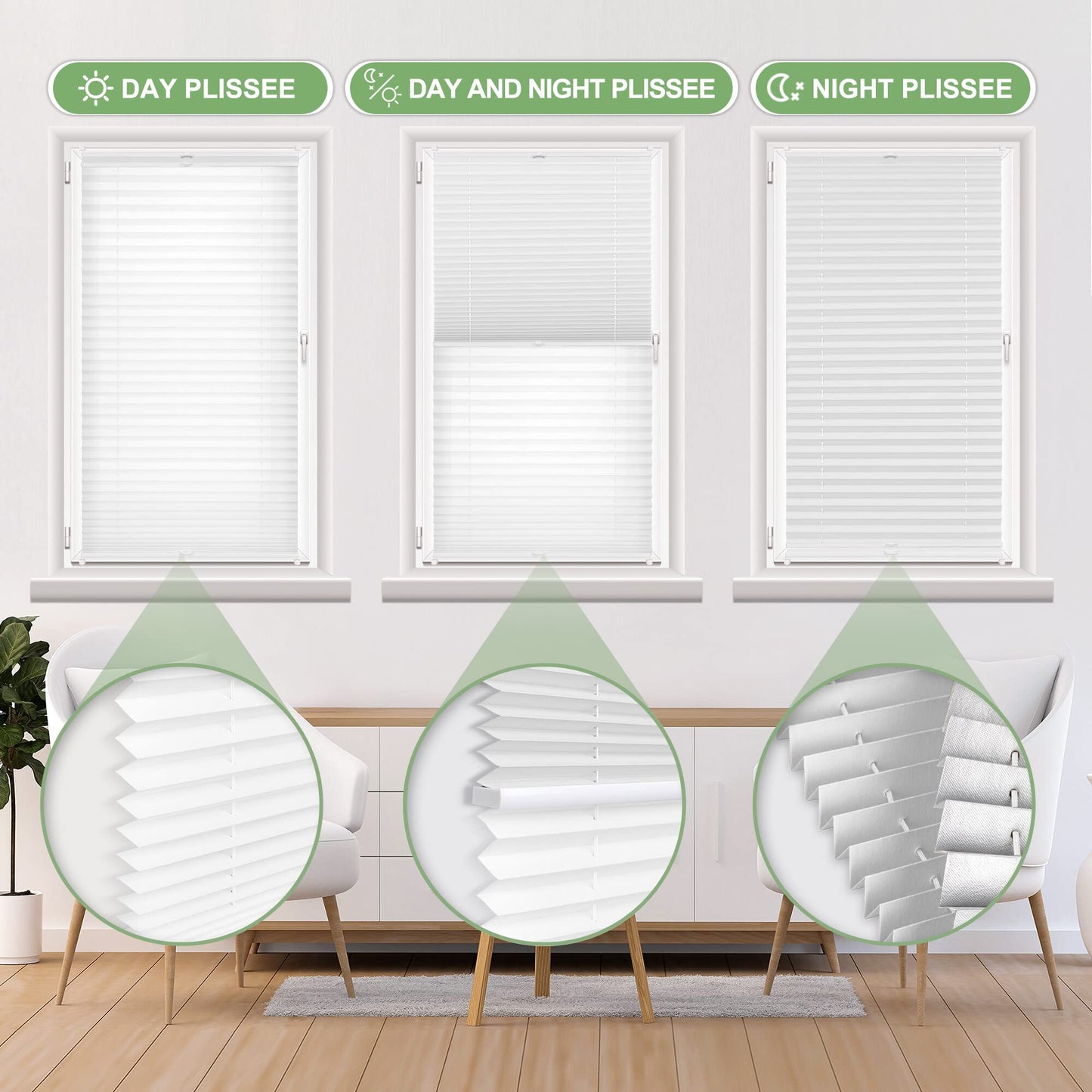 All-in-one Pleated without drilling blackout (Day and Night), White 60x110cm (WxH) Thermo Pleated 100% blackout & lightproof blind, Double pleated colorful for windows & doors.