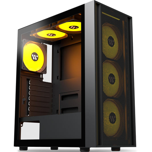 KEDIER's PC case, pre-installed with 3 black case fans, ATX Mid Tower, gaming case with tempered glass opening, side panel, mesh computer case, black (H3) (H05-X60F)