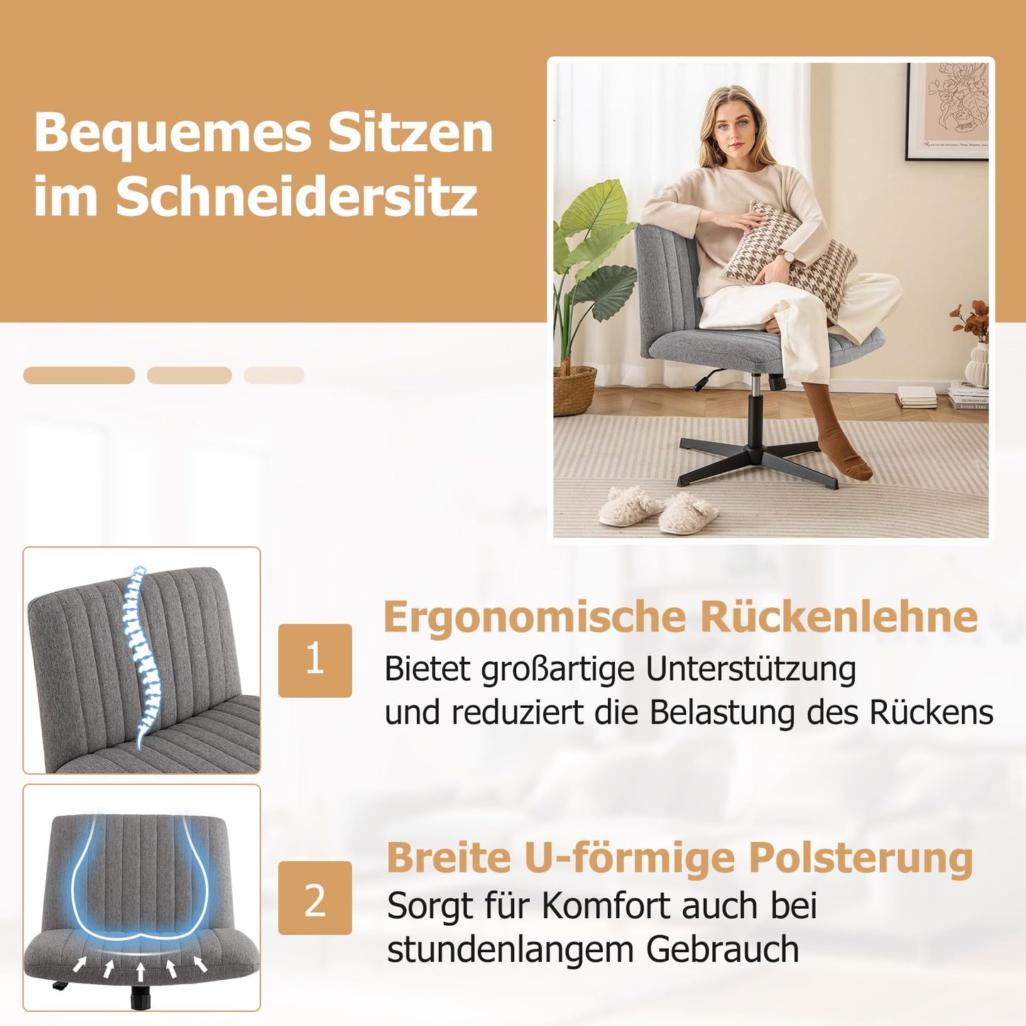 COSTWAY Tailor's Seat Chair, Swivel Chair without Armrests, Desk Chair with Wide Seat, Office Chair with Cross Base, Height Adjustable, Tilt Function, Modern (Gray)