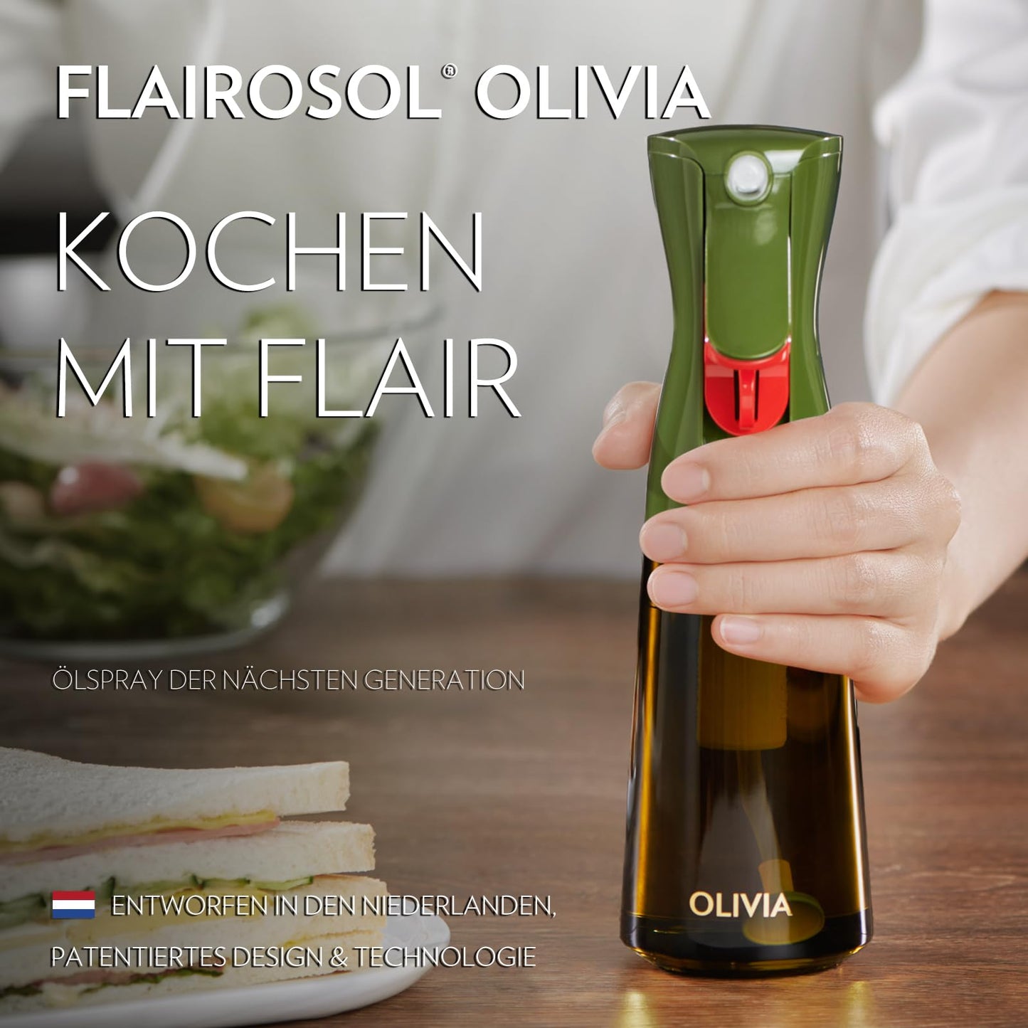 FLAIROSOL OLIVIA 200ml glass oil sprayer - Continuous oil spraying technology with portion control - Versatile oil mister for cooking, salads, grilling, baking, and more scenarios (Green)