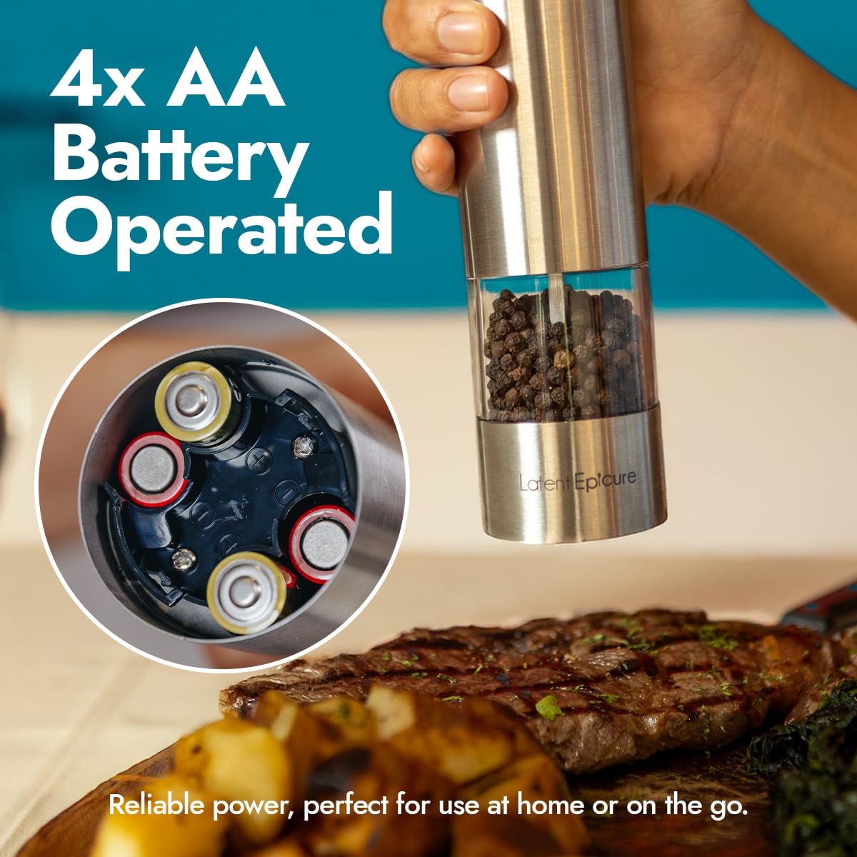 Salt and pepper mill set of 2 | Battery operated | LED light | Adjustable fineness | Includes FREE stand - by Latent Epicure