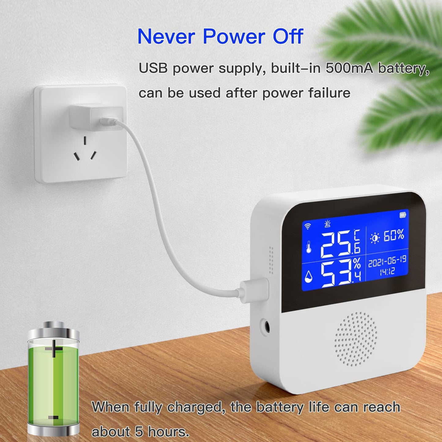 WiFi temperature sensor with waterproof external probe, Tuya smart temperature humidity monitor with backlight LCD display, buzzer alarm & app notification alert. Remote monitor for incubator and wine cellar.