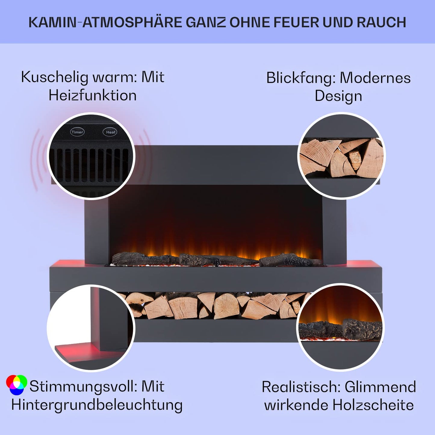 Klarstein decorative fireplace with LED flames, electric fireplace with heating, 2000W electric fireplace, energy-efficient electric fireplace, wall fireplace with remote control & timer, electric fireplaces with MDF housing.