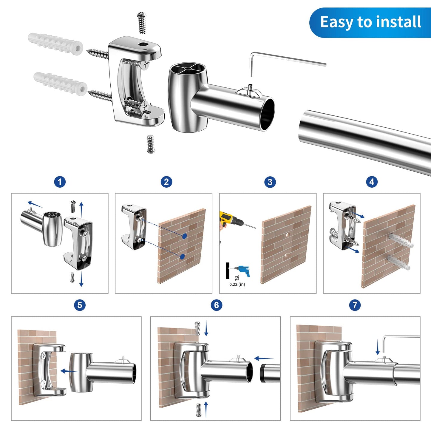 Curved shower curtain rod made of 304 stainless steel, includes 18 stainless steel curtain rings. Telescopic and adjustable from 110 to 180 cm for bathroom and bathtub, easy drill installation.