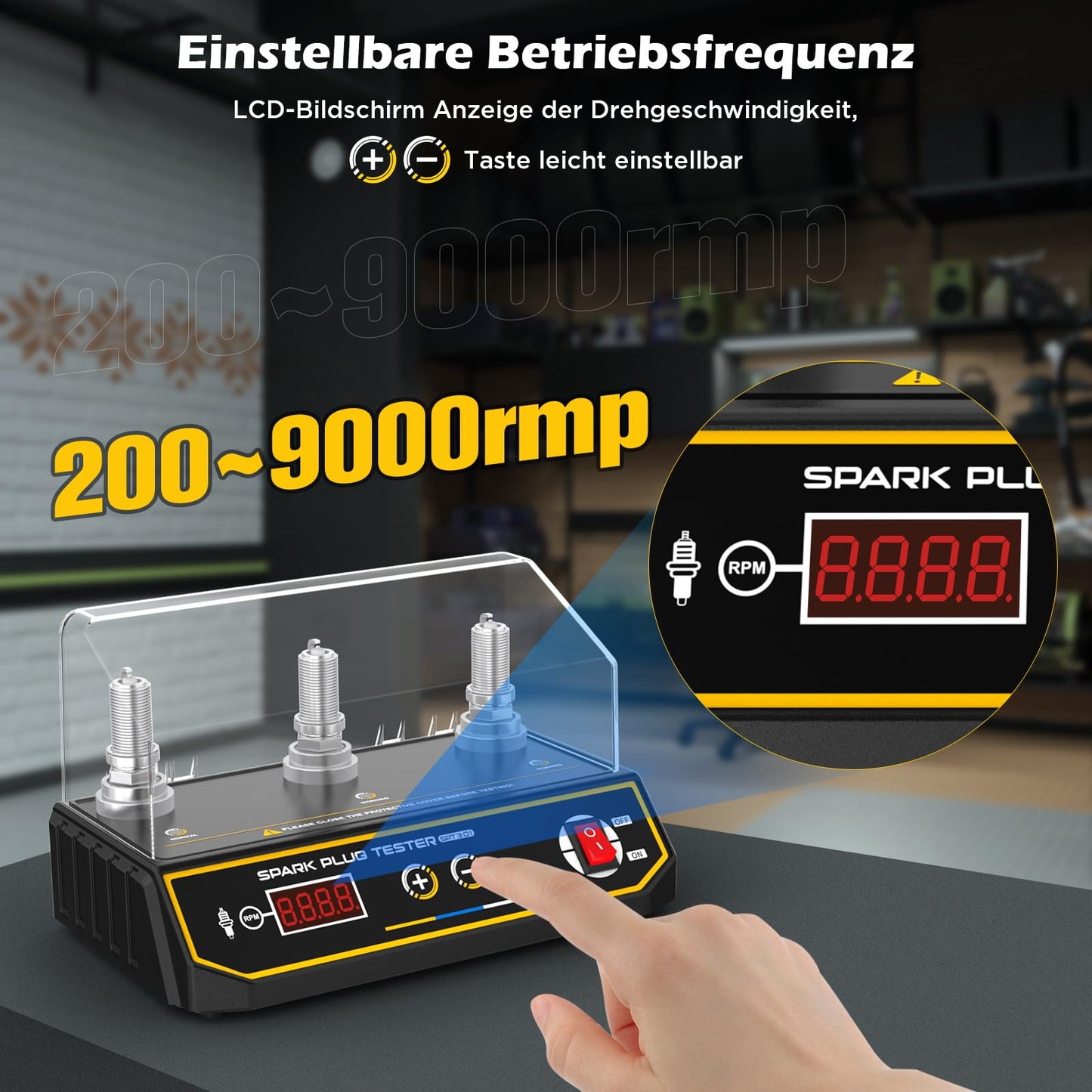 3-hole spark plug tester, 220V spark tester with LCD display, ignition tester adjustable operating frequency 200~9000rmp, spark plug tester adjustable test hole height for all 12V vehicles.