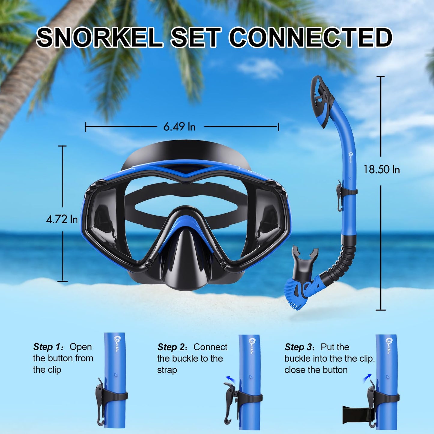 Adult Dorlle snorkel set includes premium dry snorkel and tempered glass diving mask, 180° panoramic view, anti-fog, anti-leak features for snorkeling and swimming. Comes with a carrying bag.