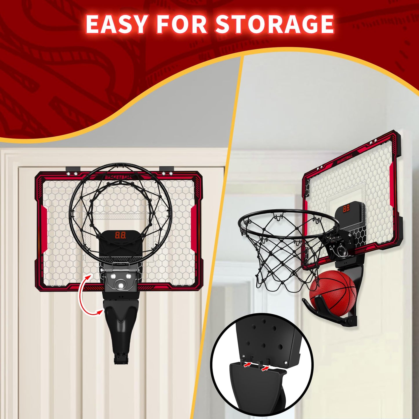 HYES Mini Basketball Hoop with 7 Lights for Kids, 3 Modes, Electronic Scoreboard, 3 Balls, Pump, Indoor Outdoor Sports Toy, Red
