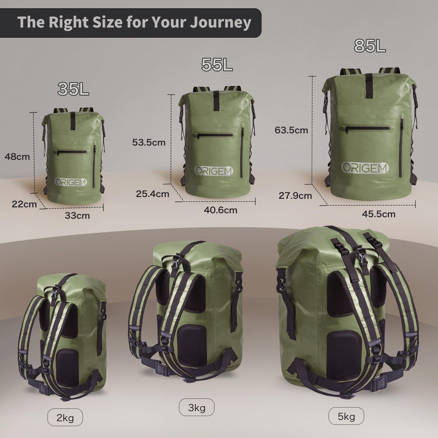 Origem Waterproof Backpack, 35L/55L/85L Rolltop Backpack Waterproof, Dry Bag with Laptop Insert for Kayaking, Fishing, Rafting, Diving, or everyday use.