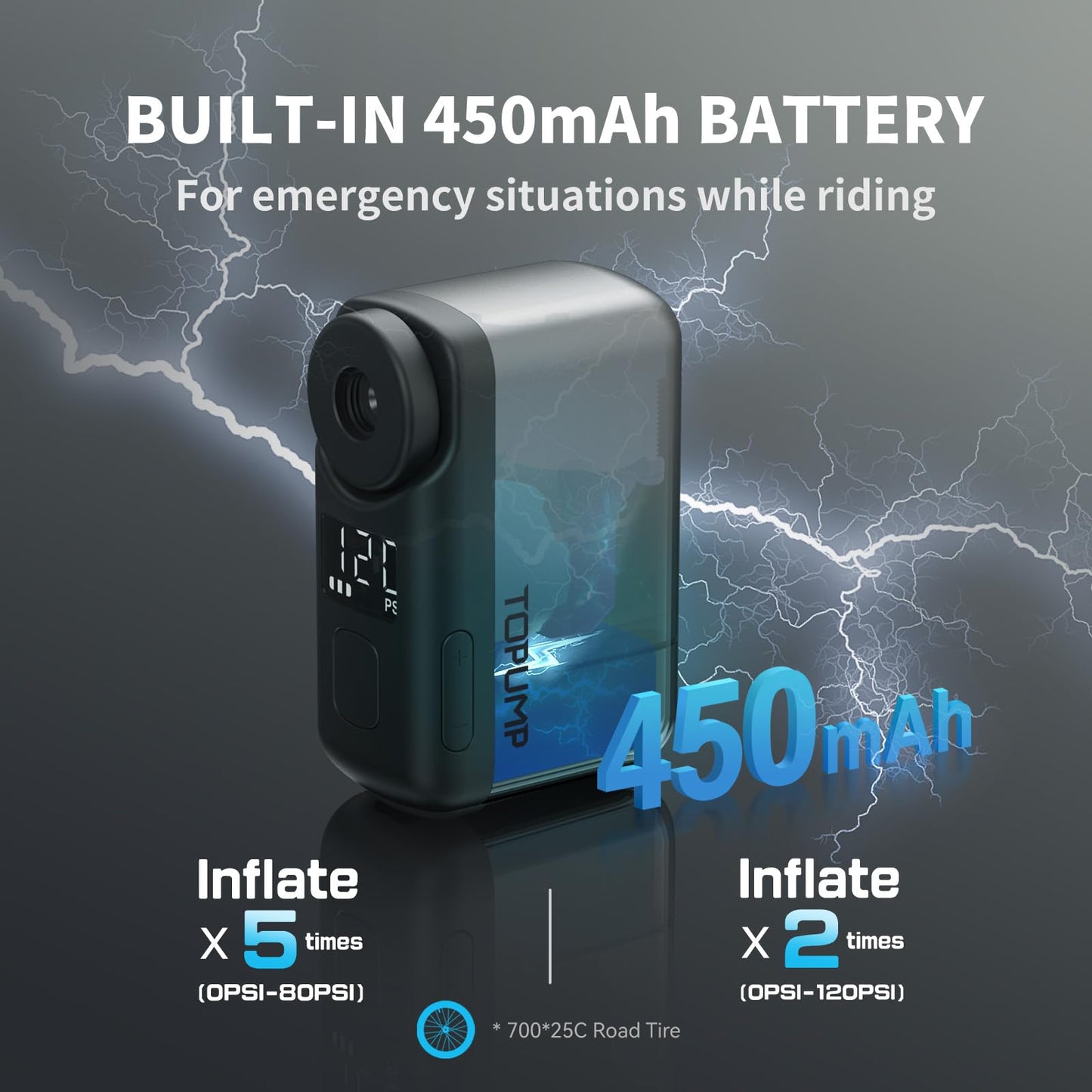 TOPUMP Mini Bike Pump, Electric Bike Air Pump with Gauge, Ultra-small 120PSI Battery Bike Pump with Presta and Schrader Valve, Auto Stop, for Road Bike, Mountain Bike, and City Bike.
