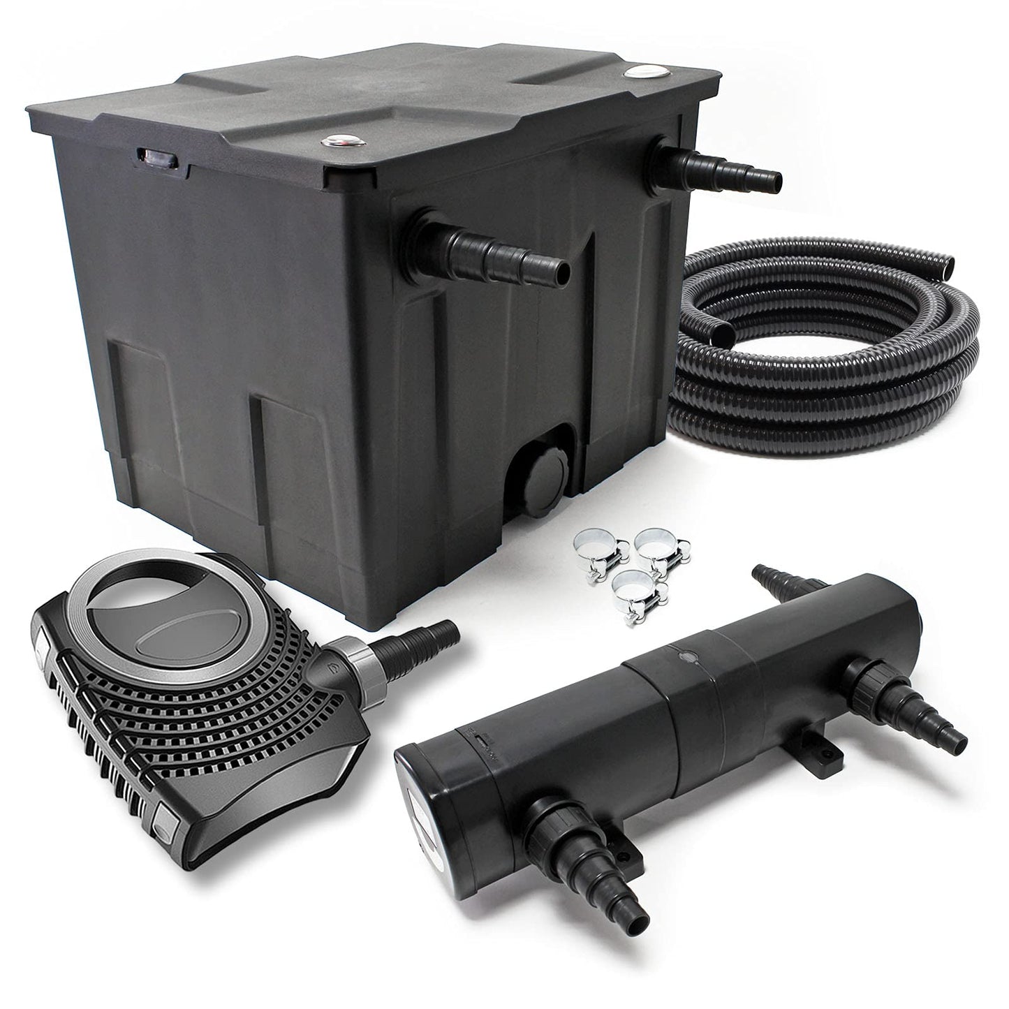 SunSun Complete Set: CBF-350 Pond Filter up to 12000L Pond Filtration System, NEO3800 Pond Pump 3600l/h 20W, CUV-224 Pond Clarifier 24W, 5m Pond Hose 38 mm (1 1/2"), Hose Clamps 44-47mm