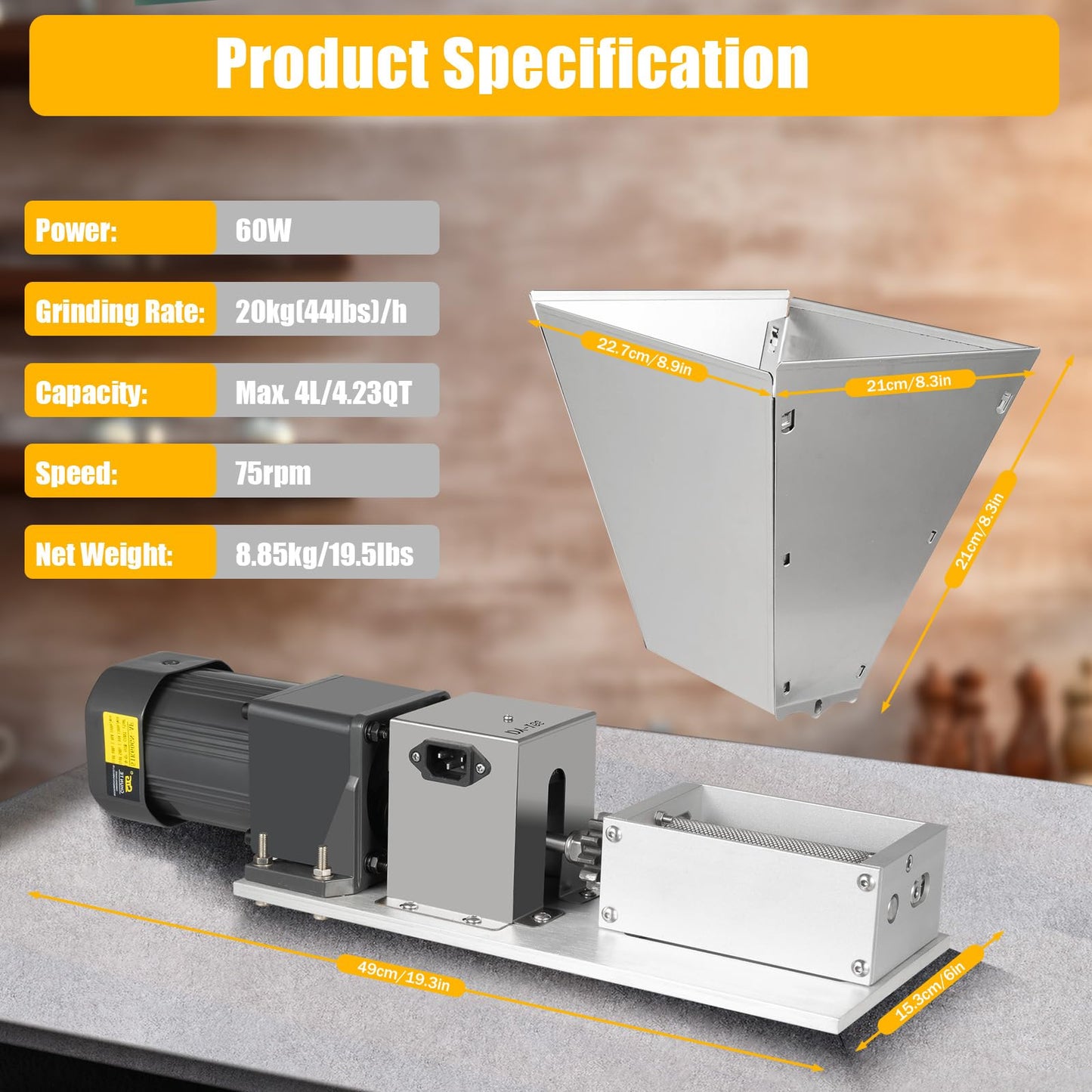 Grain mill, 220V Electric feed mill with Hopper Stainless Steel Malt mill Grain mill Kitchen machine Grain Grinder Home brewer for Grinding Barley Wheat
