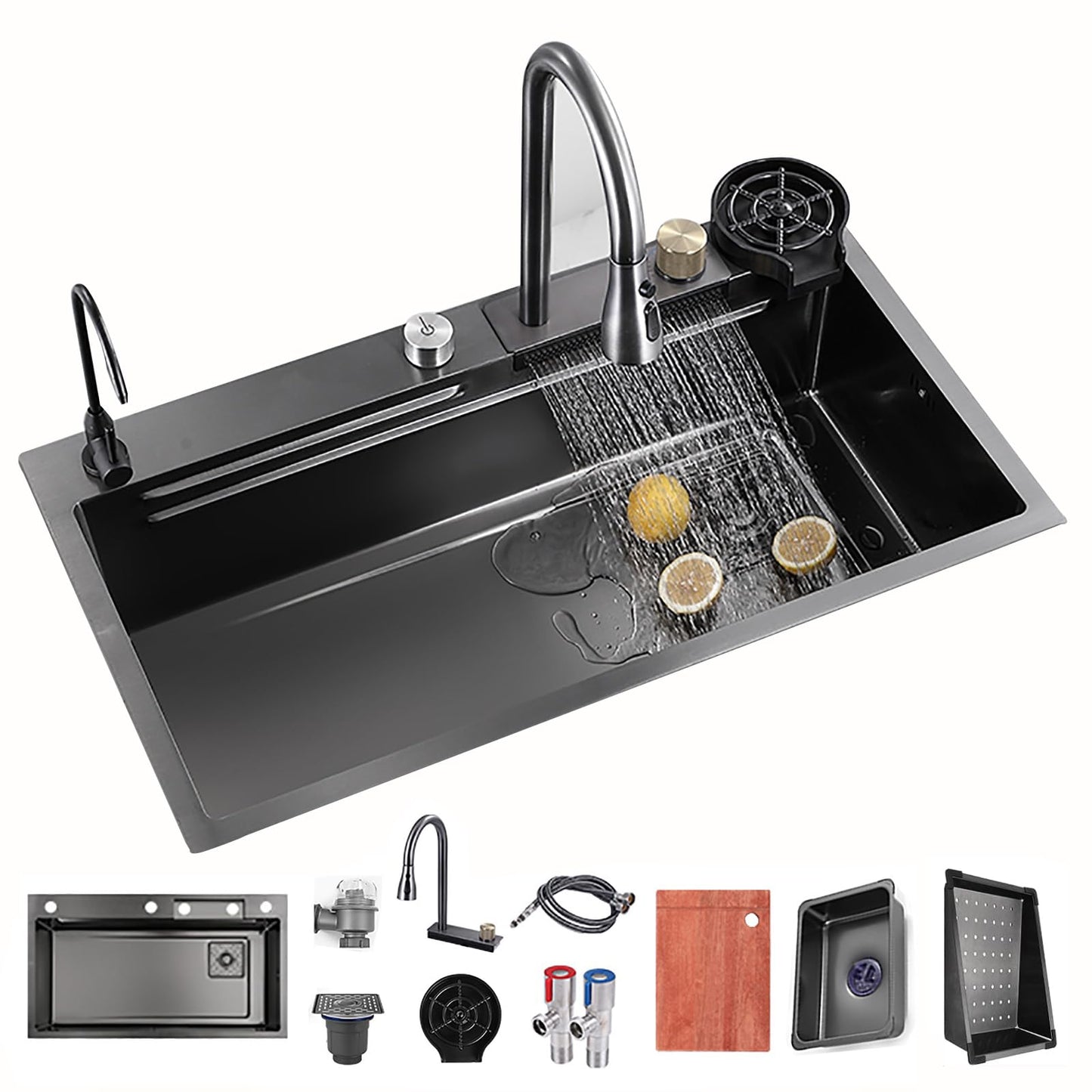 Kitchen sink Stainless steel Sink Black Waterfall Kitchen Sink With Cup Washer, Built-in sink Kitchen sink Glass washer For sink, Integrated sink With faucet Waterfall)