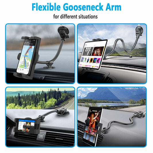 Oilcan swan neck tablet car holder, dashboard windshield truck iPad mount. Flexible long arm (34cm) suction cup car holder for iPad Pro Air Mini, Galaxy, phones (4-12.9").