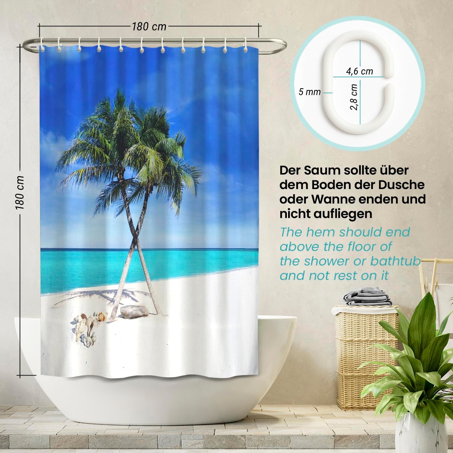 arteneur® - Beach - Anti-mold shower curtain 180x180 - Recycled with Oeko-Tex Standard 100 - Weighted hem, opaque, waterproof, washable, 12 rings & E-book
