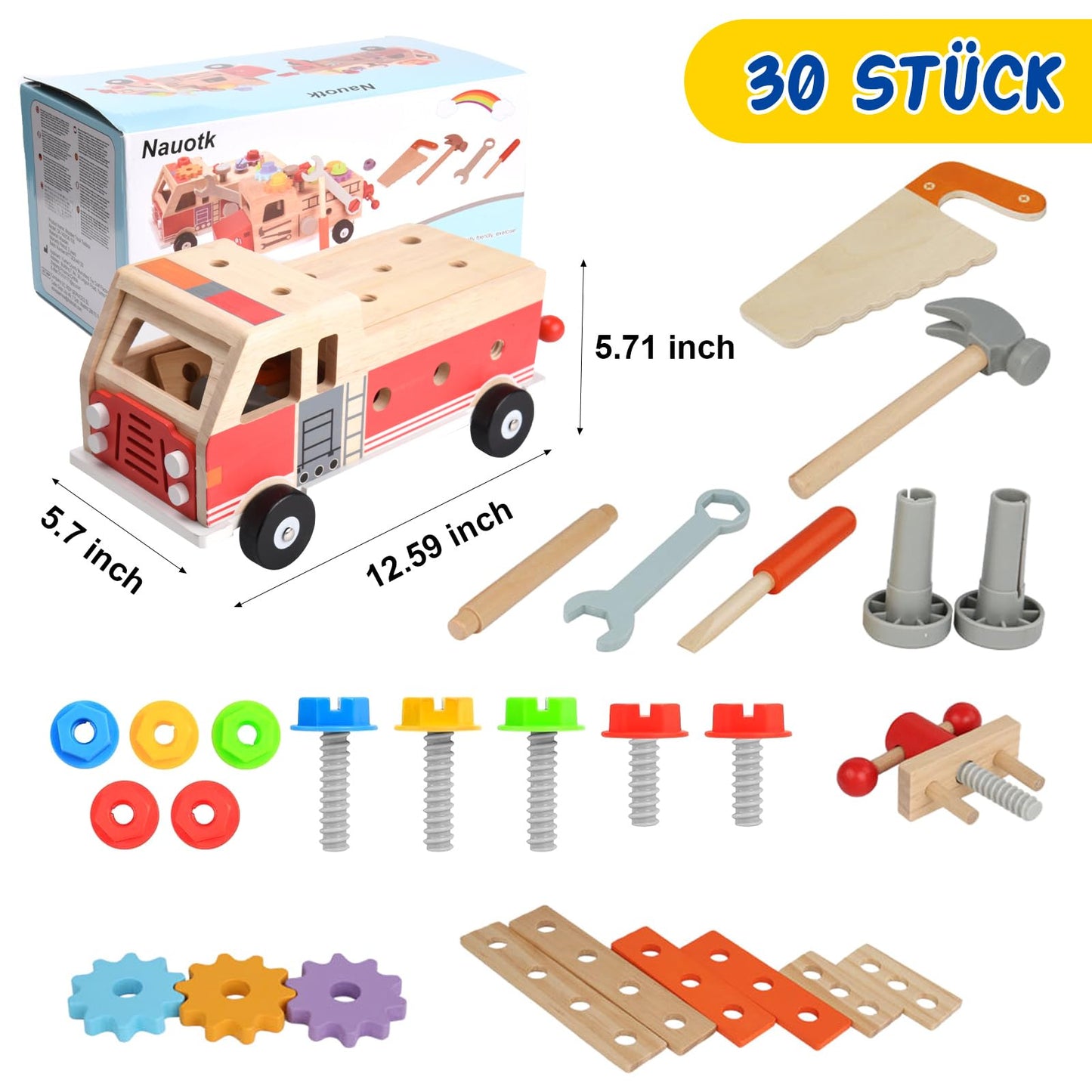 Nauotk Tool Box Children's Workbench, Montessori Wooden Tool Toys for Ages 2 3 4, Kids Tool Cart, Tool Belt Kit Learning Games Gift for Boys Girls 3+ years.
