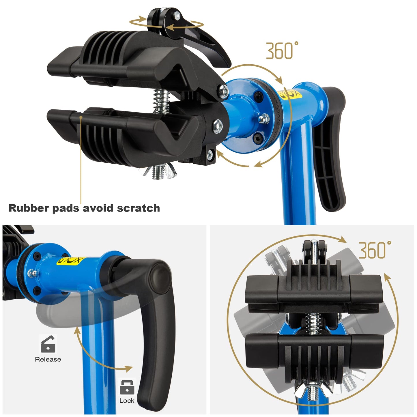 CXWXC Bike Repair Stand, Heavy Duty Bicycle Assembly Stand with Welded Head Clamp, 360° Rotatable, Quick Release Mechanisms (Blue)