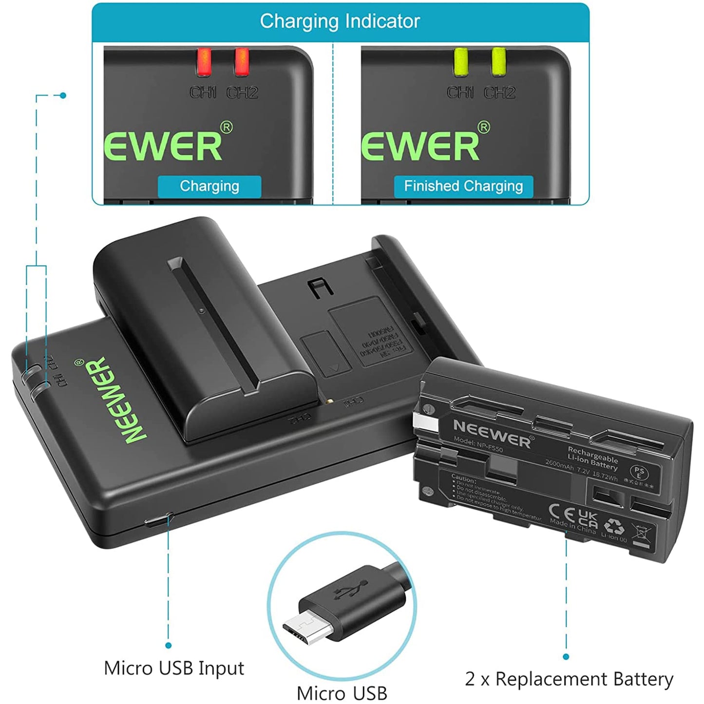 NEEWER NP F550 battery charger set, compatible with Sony NP F970 F750 F770 F960 F550 F530 F330 F570 CCD SC55 TR516 TR716 TR818 TR910 TR917 NEEWER LED light/monitor/camera slider (2-pack, black).