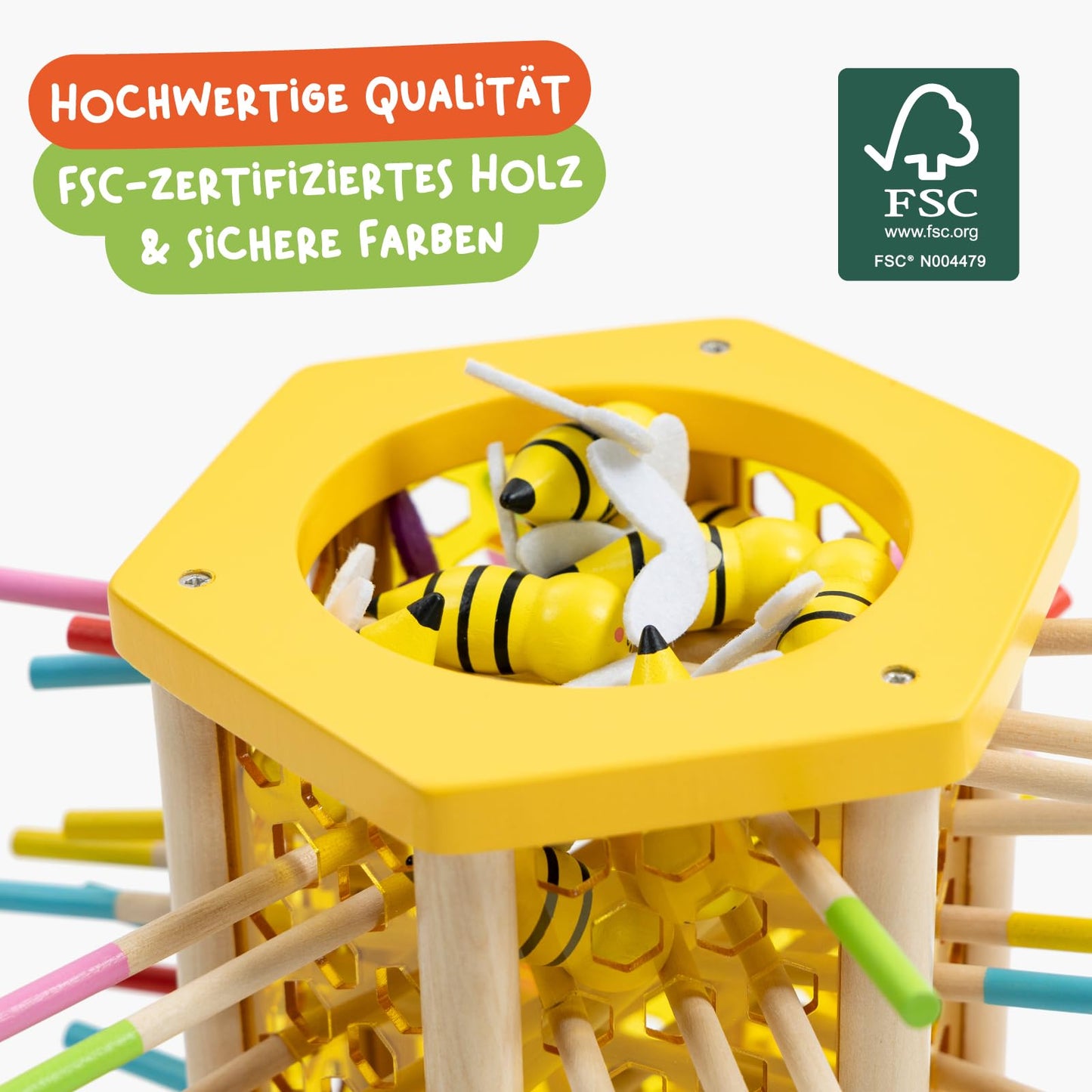 Nene Toys BEEFALL Large, 4-in-1 educational game with bees, Montessori toy for ages 3 and up featuring colorful sticks, dice, and cards - Wooden game for boys & girls 3-9 years - Educational family game