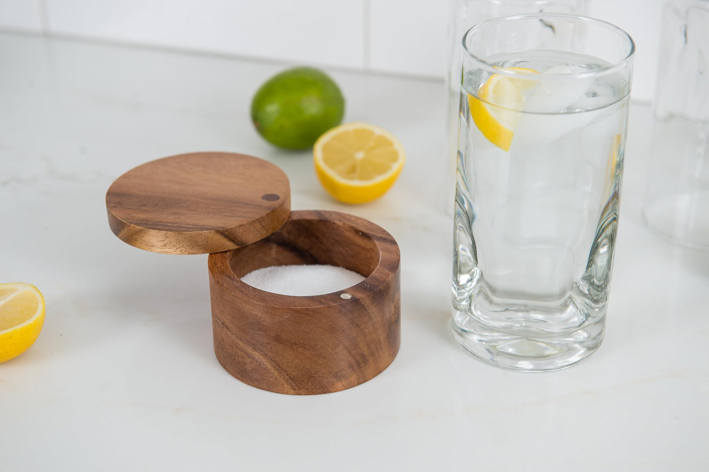 Lipper International salt or spice box made of acacia wood with twist lid, 8.9 x 6.4 cm.