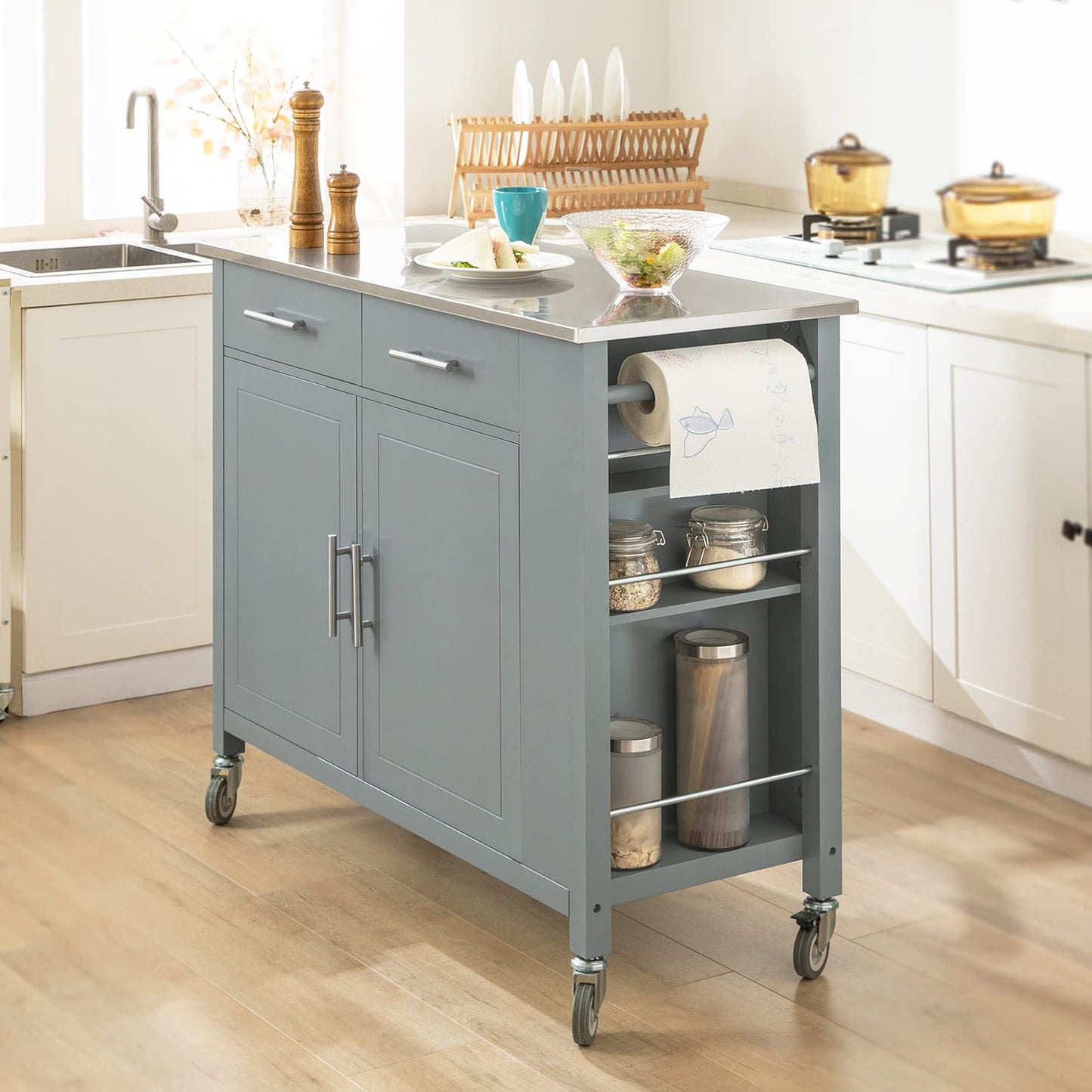 SoBuy kitchen trolley with stainless steel top, rolling cart with side shelf, sideboard, kitchen island, kitchen cabinet & serving cart on wheels, mobile trolley for kitchen organization in gray, 107x94x46 cm FKW108-HG.