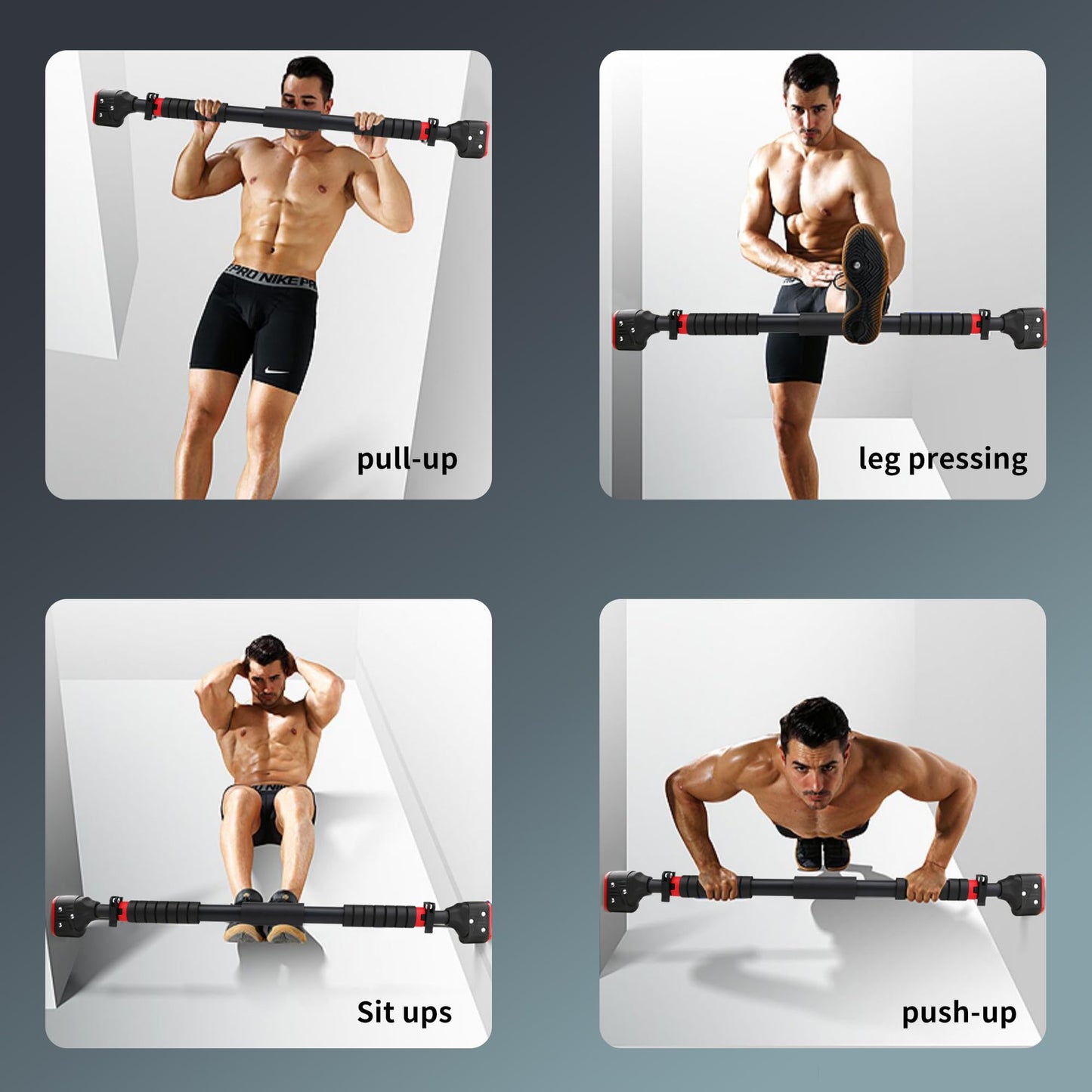 Adjustable pull-up bar for indoor use, wall-mounted with a secure non-slip grip. Adjustable from 71 to 95 cm and capable of supporting up to 200 kg.