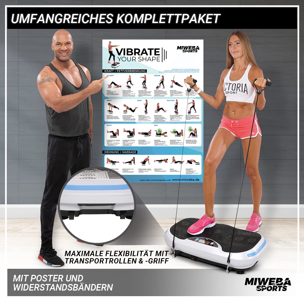 Miweba Sports Fitness 4D Wave Vibration Plate MV300 | 3 Horsepower Engine - 800 Watts - Wrist Remote Control - Bluetooth - Weight Loss - Fat Burner - Home Fitness Equipment (Black)