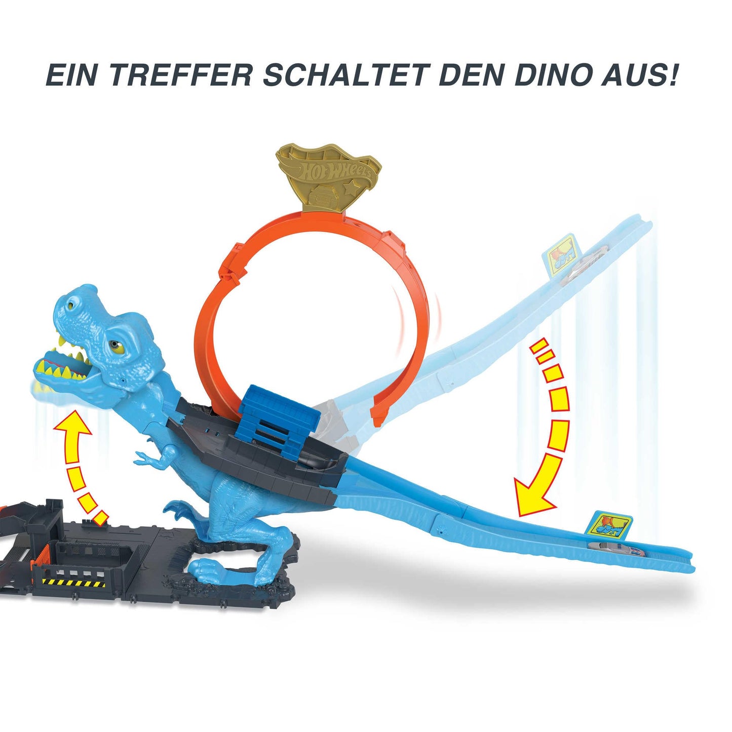 Hot Wheels City T-Rex Attack - Skill through precise timing, police station, loop, dinosaur, cross-eyed, for kids ages 4 and up, HNP77
