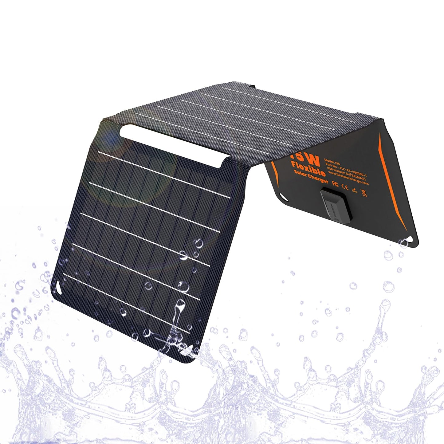 FlexSolar 15W portable solar panel charger (5.5V/2.9A max), waterproof, foldable, IP67, with USB port, compatible with iPhone Xs/X/8/7, iPad, camping, backpacking