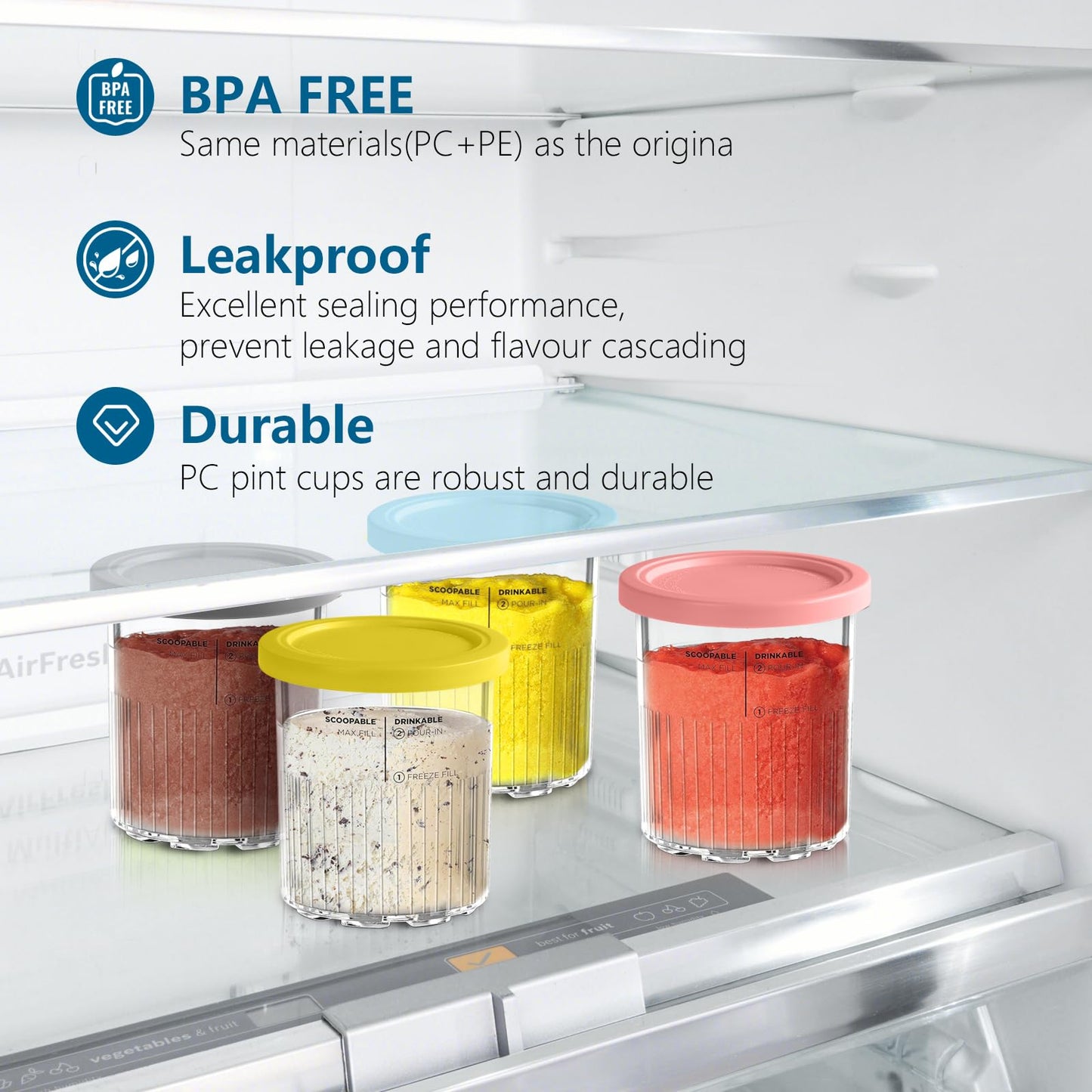 4-pack of Vione replacement Ninja Creami Deluxe Pints and Lids. 24 oz. pint containers compatible with NC501, NC500 series. BPA-free, dishwasher safe, assorted colors.