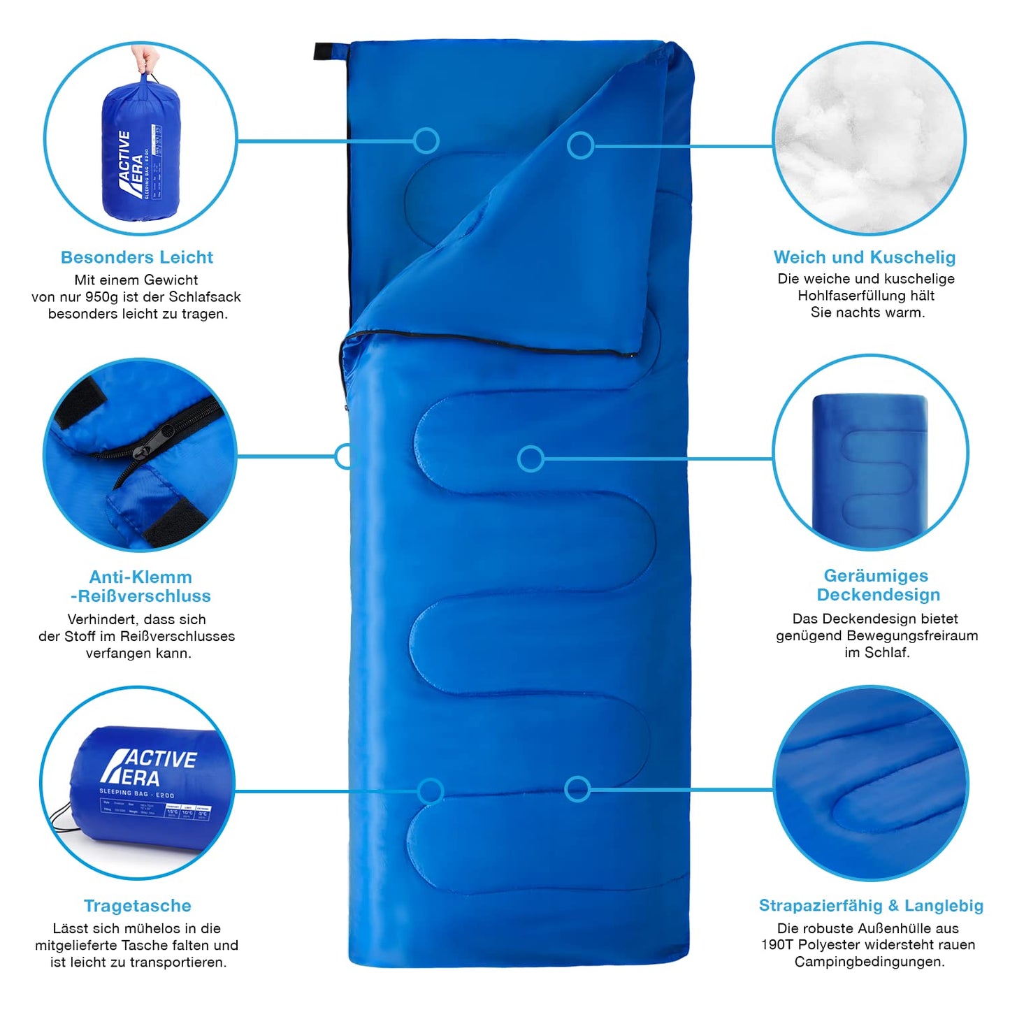 Active Era Sleeping Bag -3°C to 15°C for Summer, Spring, Autumn - Lightweight Outdoor and Indoor Sleeping Bag - Blue