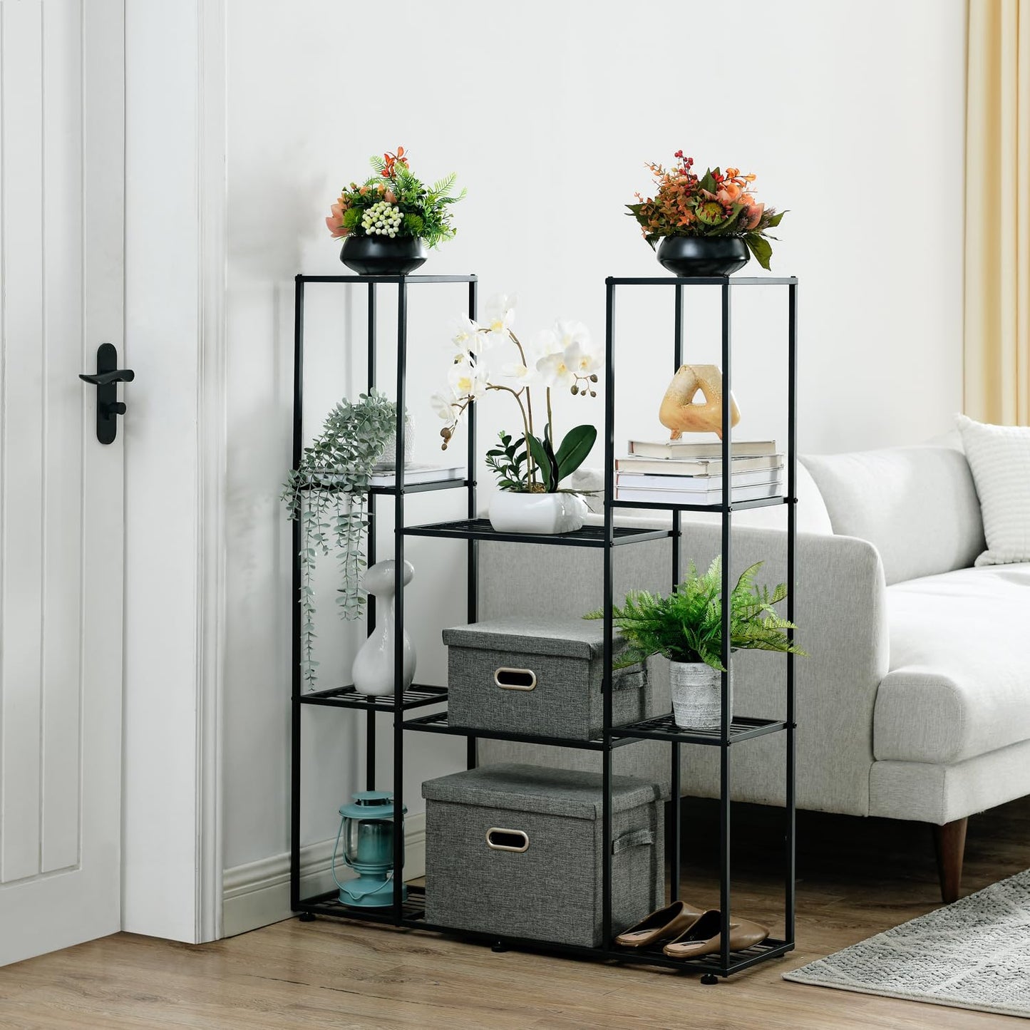 HUSFITLY metal flower rack, 4 tiers, 11 pots plant stand indoor outdoor, 120cm high waterproof flower stand, multi-tiered plant stand for garden balcony living room courtyard, black
