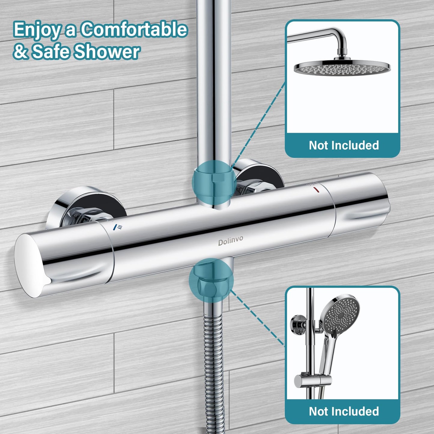 Shower Thermostat Mixer Tap Chrome, Dolinvo Shower Faucet Mixer with 38°C Safety Button & 2 Outlets, Round Shower Thermostat Mixer with Scald Protection & Water Saving Function