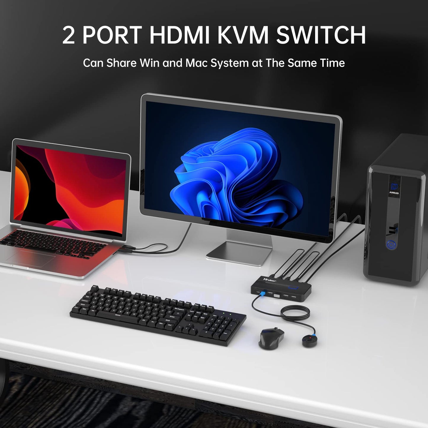 4K 60Hz HDMI KVM Switch 2 Port, Yinker HDMI KVM Switch 2 PC supports 2 computers with 1 monitor, keyboard, mouse, and 5V charging port. Includes 2xUSB A and USB B cables, and 4 USB ports.