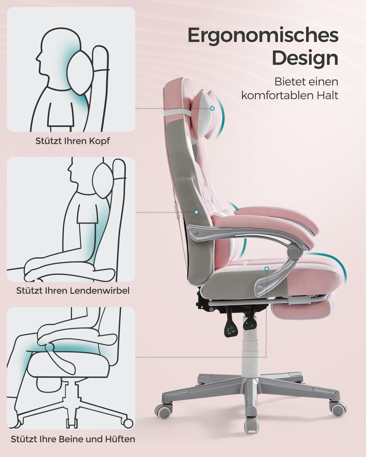 SONGMICS Office Chair with Adjustable Footrest, Headrest, Lumbar Pillow, Height Adjustment, Ergonomic Design, Reclining Backrest, Supports up to 150 kg, Pastel Pink and Cream White OBG073P01