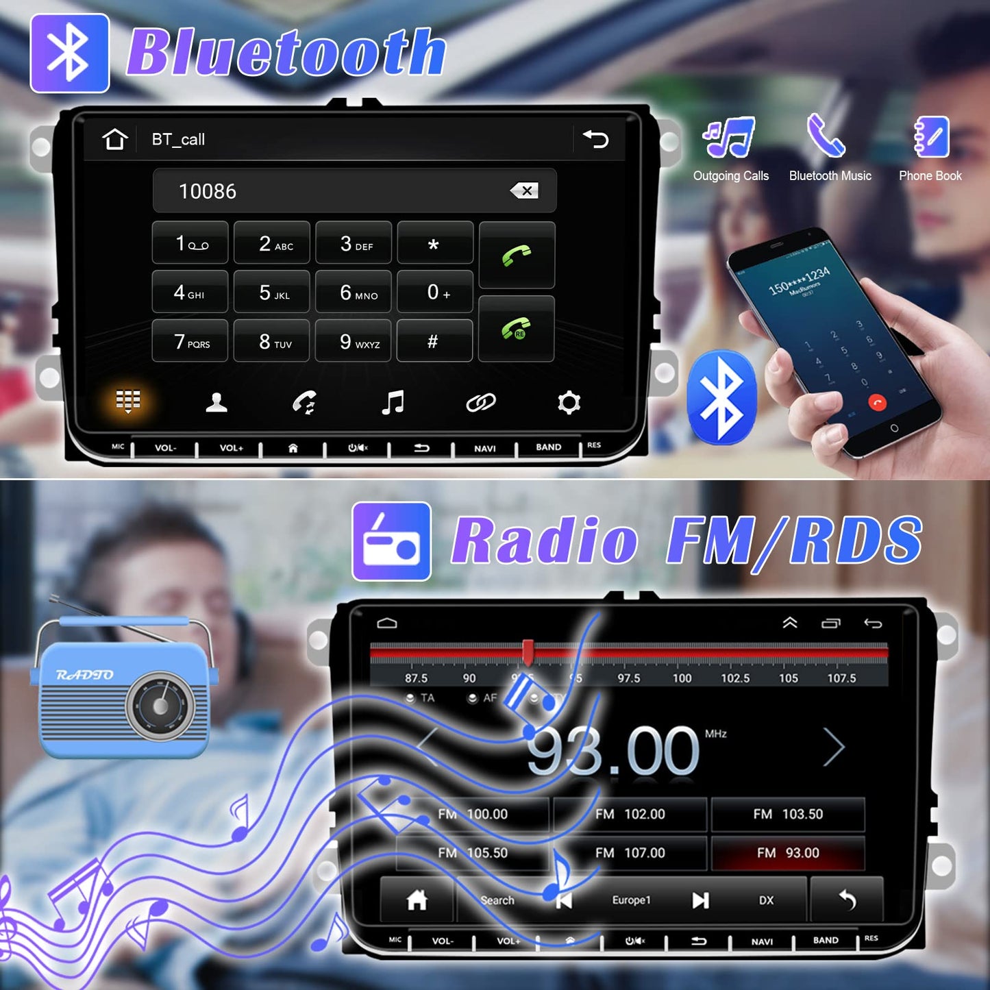 Hikity Android13 car radio with wireless Carplay and navigation for VW Golf 5 6 Passat B6 B7 Jetta Polo Touran Caddy Sharan Seat. 9-inch stereo radio with Bluetooth, WiFi, FM, Android Auto, and rearview camera.