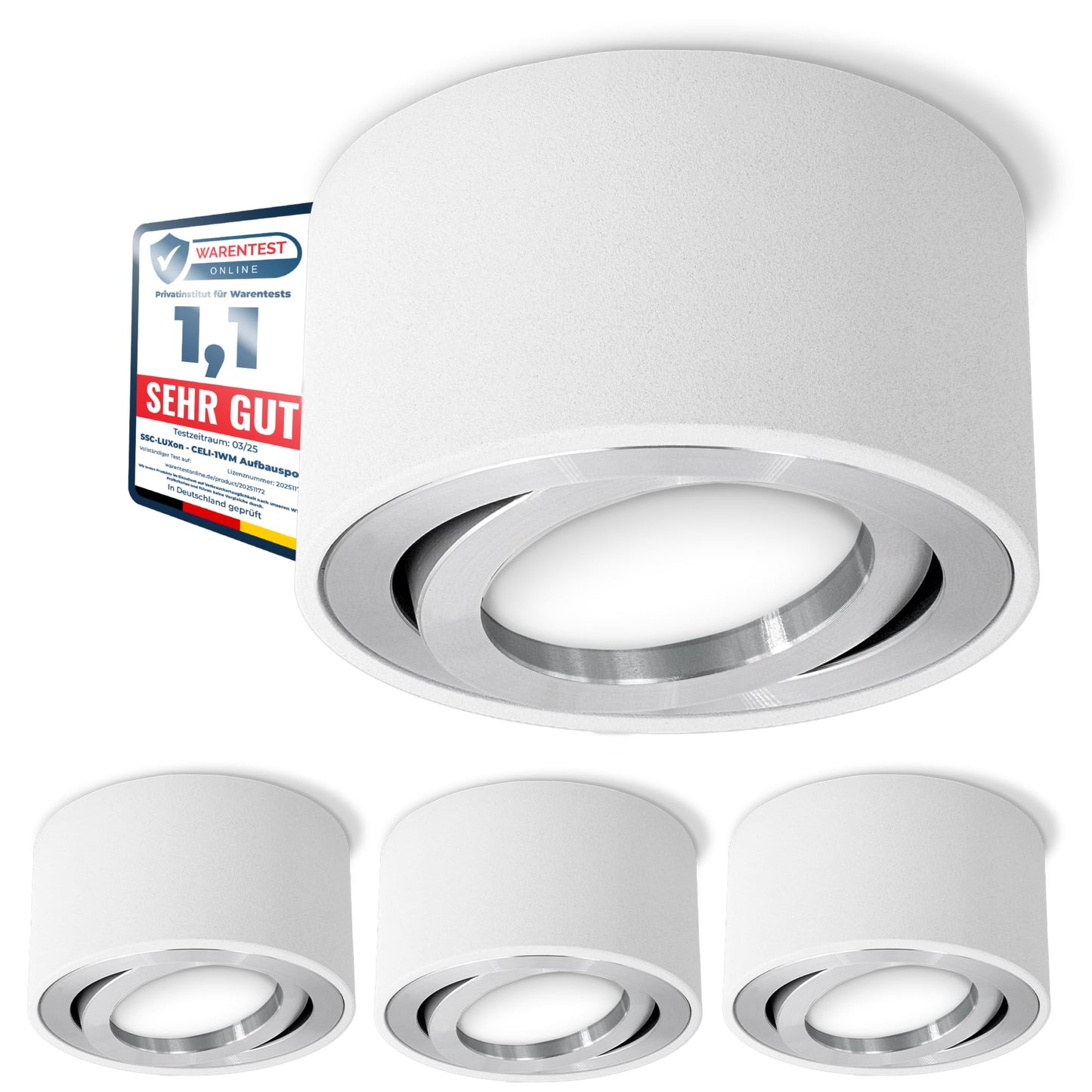 SSC-LUXon CELI-1W 4-piece set of LED surface-mounted spots in white round design - 4x surface-mounted spotlights flat swivelling with fourSTEP LED 4W warm white dimming without a dimmer.
