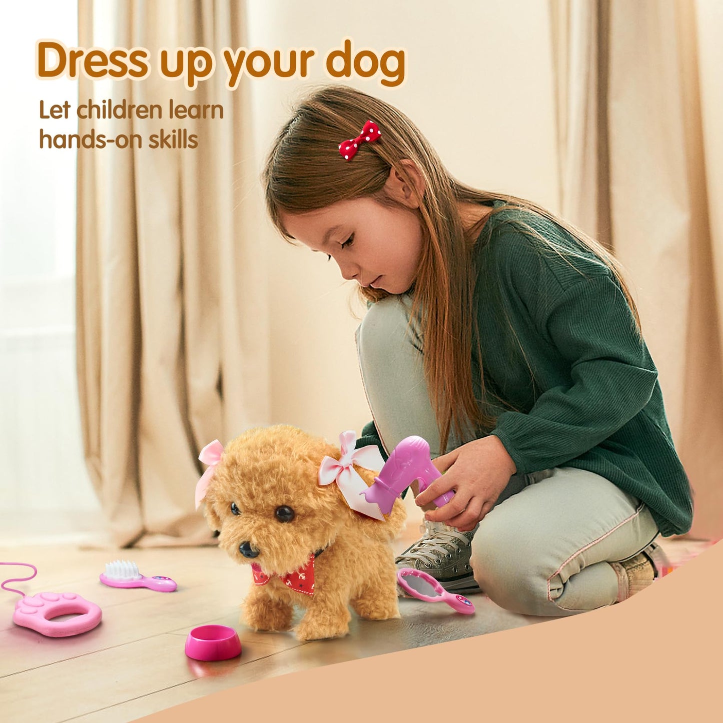 TOMMYHOME interactive toy dog for kids with remote control leash, pull cord, and accessories that can walk and bark. Plush dog toy for children.