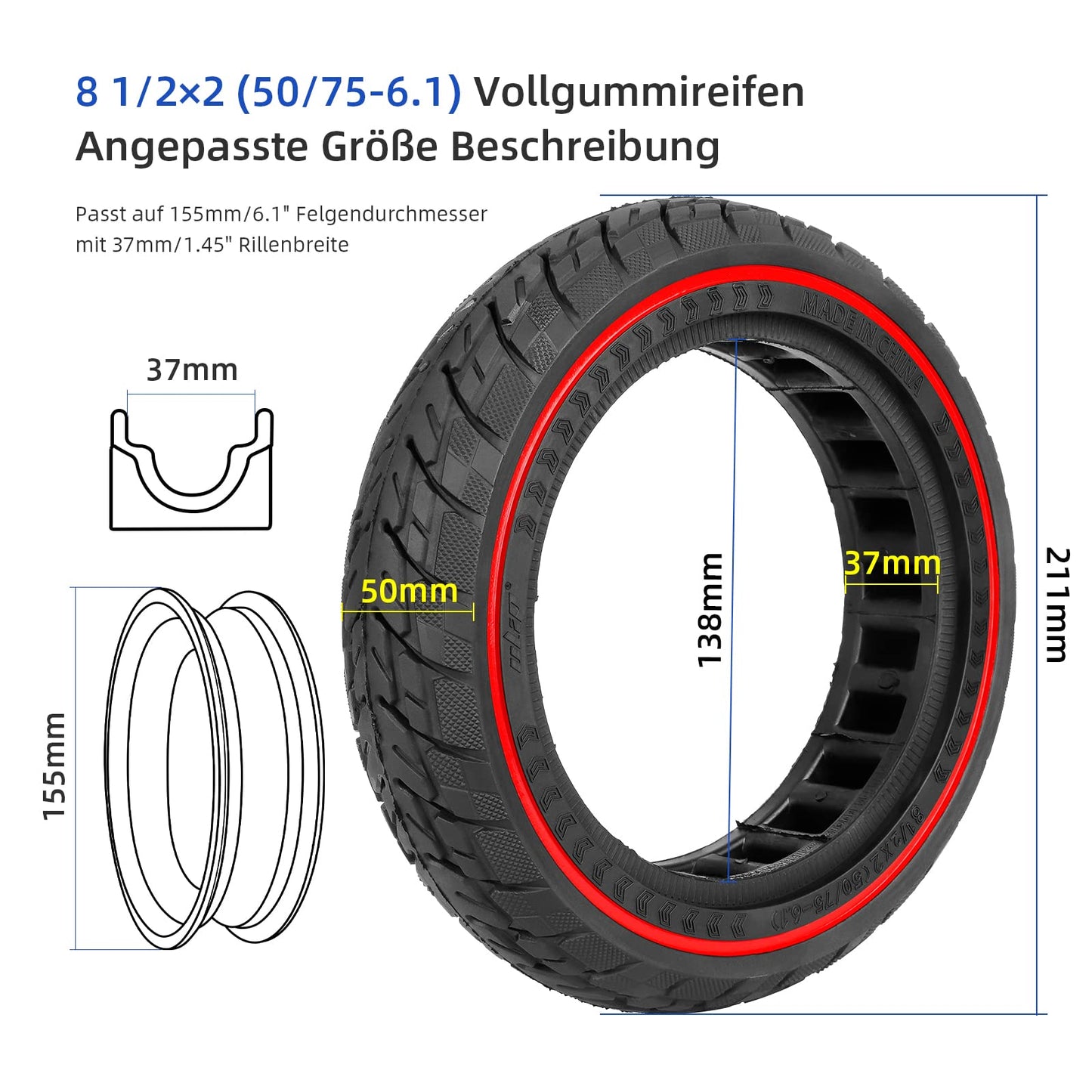 ULIP 50/75-6.1 Solid Scooter Tire 8.5 Inch High Elastic Solid Rubber Tire e Scooter Solid Tire for Xiaomi M365 Pro Pro2 1S MI3 and 8.5 Inch Scooter
