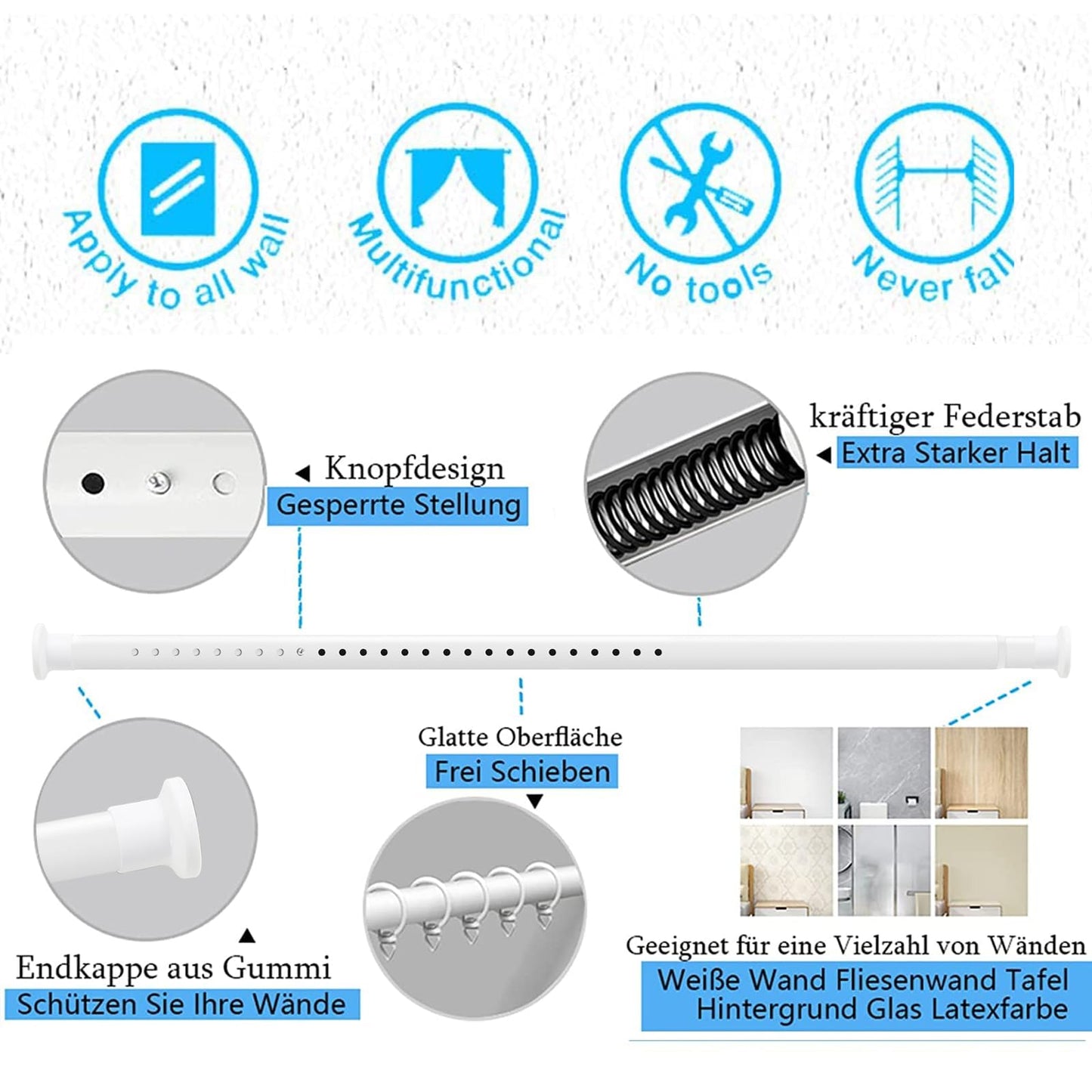 GOLDION Curtain Rod Multi-functional Telescopic Rod without Drilling 110-310cm Matte White Extendable Clamp Curtain Rod - Extra Long Telescopic Rod - for Room Divider, Curtain, and Balcony