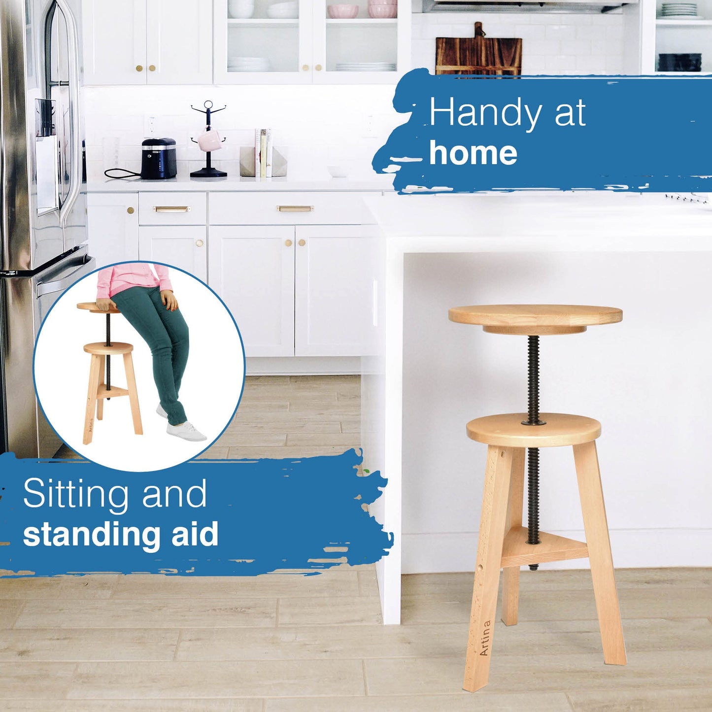 Artina Artist Stool Arles Ø 30 cm Seat Swivel Stool Wood Adjustable Height 48-66cm - Artist Stool round 360 degrees swivel & sturdy, Beech Wood, Artist Swivel Chair & Workshop Stool