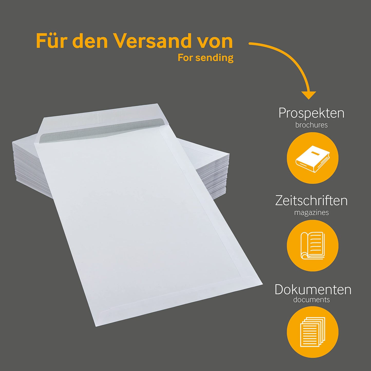 250 pieces, shipping envelopes, C4, without window, white, self adhesive, 229 x 324 mm, envelopes, straight flap, 120 gsm offset, plain letter covers