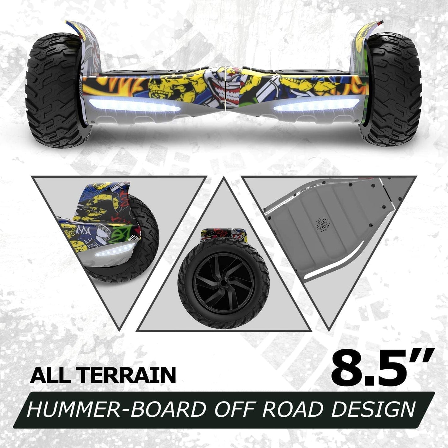 GeekMe 8.5 inch Offroad SUV Hoverboards with APP, Bluetooth Speaker, Dual Motor, LED Lights, All Terrain Hoverboards for Kids and Adults.