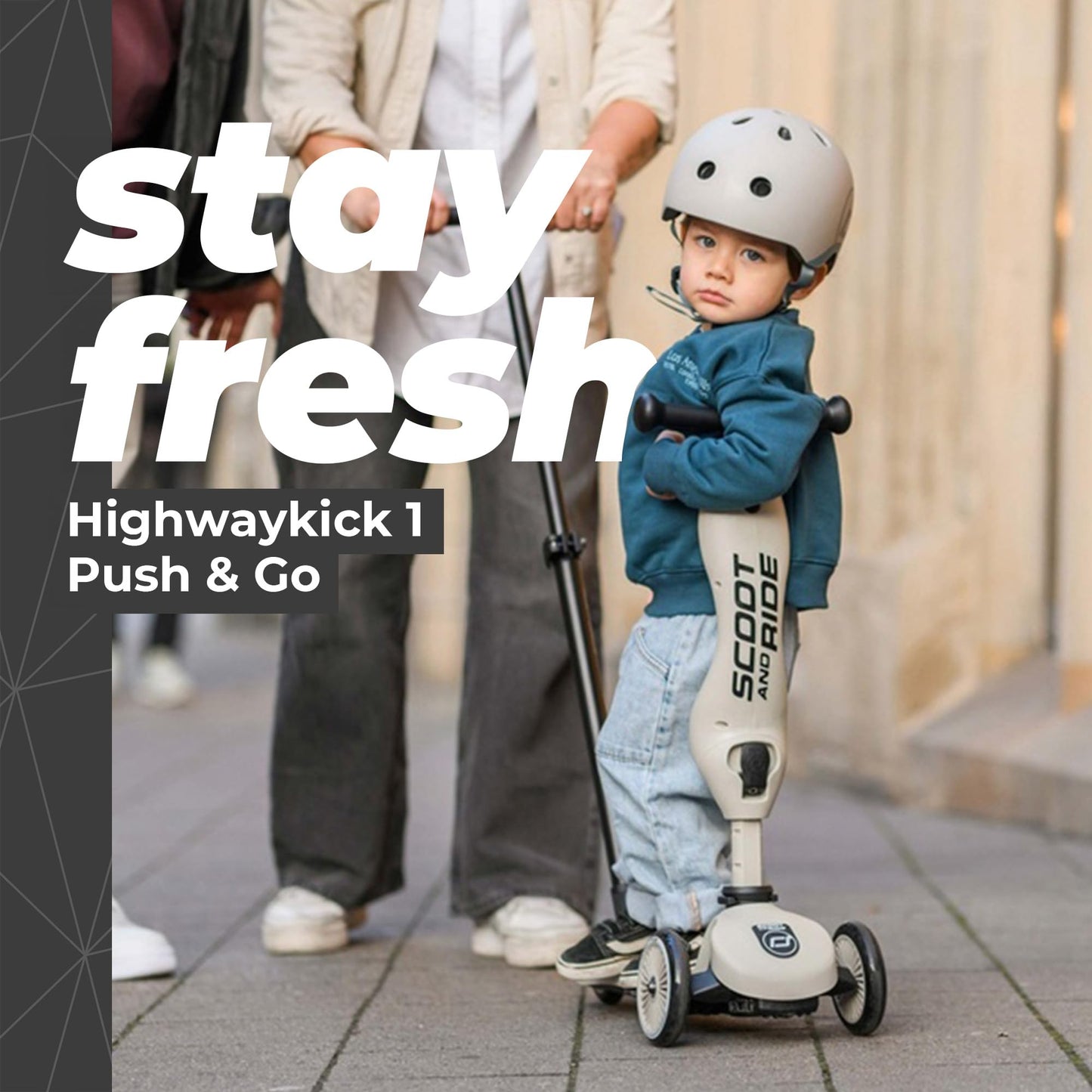 Scoot & Ride Highwaykick 1 Push and Go - 2in1 scooter & balance bike with push bar, adjustable height, for ages 1+, includes safety pad & footrests, color: Ash.